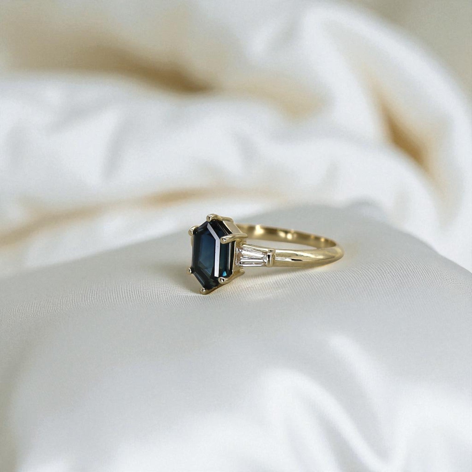 Petra Star Original: Hexagonal Teal Sapphire Ring with Tapered Baguette Diamonds in 14k Yellow Gold - Petra Star