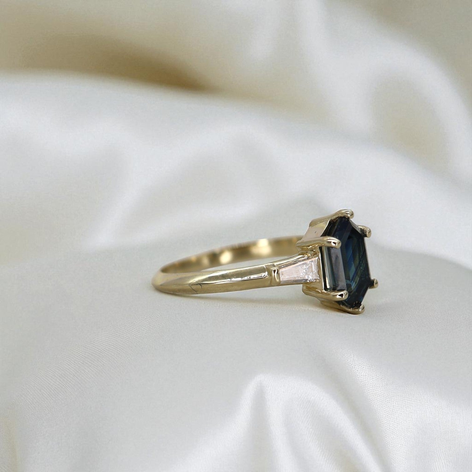 Petra Star Original: Hexagonal Teal Sapphire Ring with Tapered Baguette Diamonds in 14k Yellow Gold - Petra Star