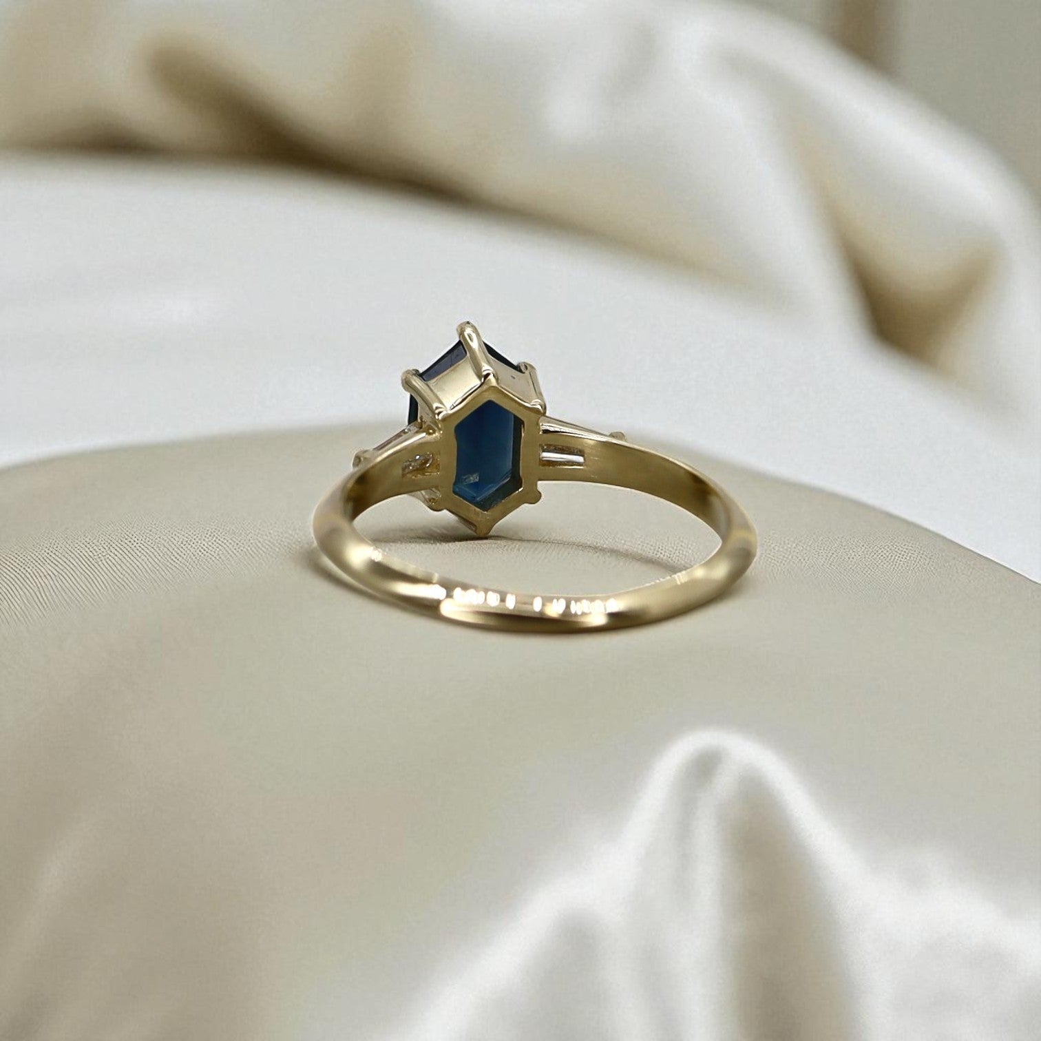 Petra Star Original: Hexagonal Teal Sapphire Ring with Tapered Baguette Diamonds in 14k Yellow Gold - Petra Star