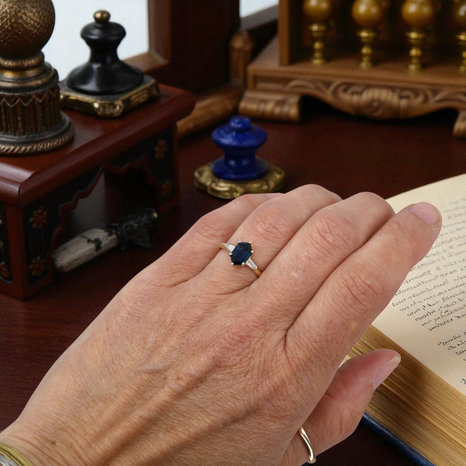 Petra Star Original: Hexagonal Teal Sapphire Ring with Tapered Baguette Diamonds in 14k Yellow Gold - Petra Star