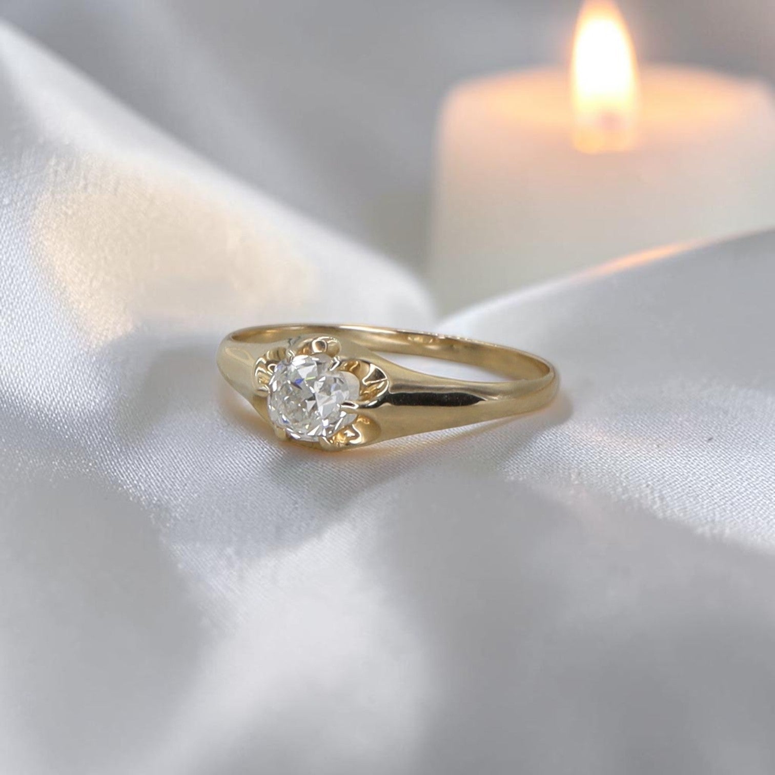 Petra Star Signature Belcher Diamond Ring Set With Antique Old Mine Cut Diamond - Petra Star