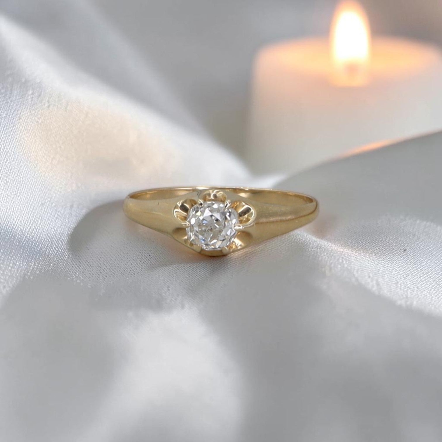 Petra Star Signature Belcher Diamond Ring Set With Antique Old Mine Cut Diamond - Petra Star