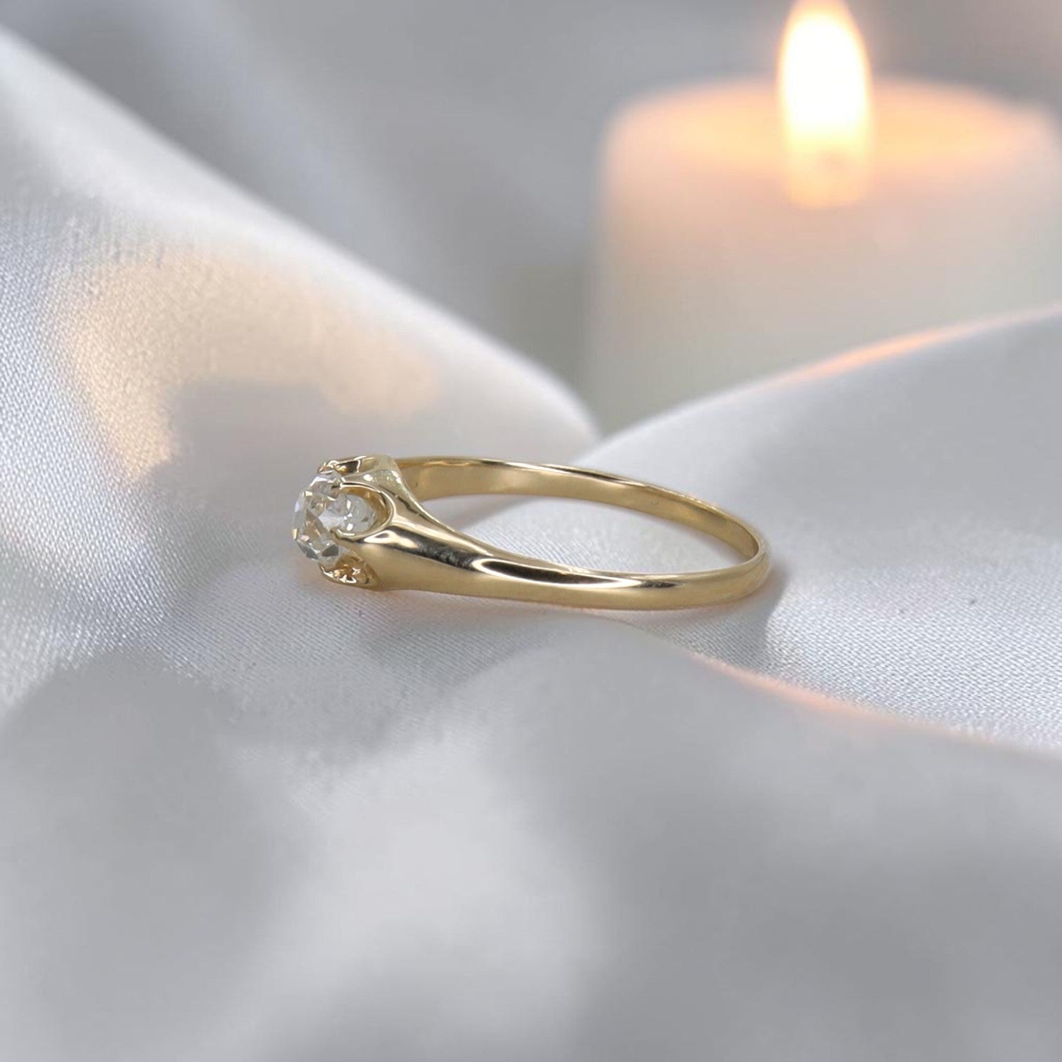 Petra Star Signature Belcher Diamond Ring Set With Antique Old Mine Cut Diamond - Petra Star