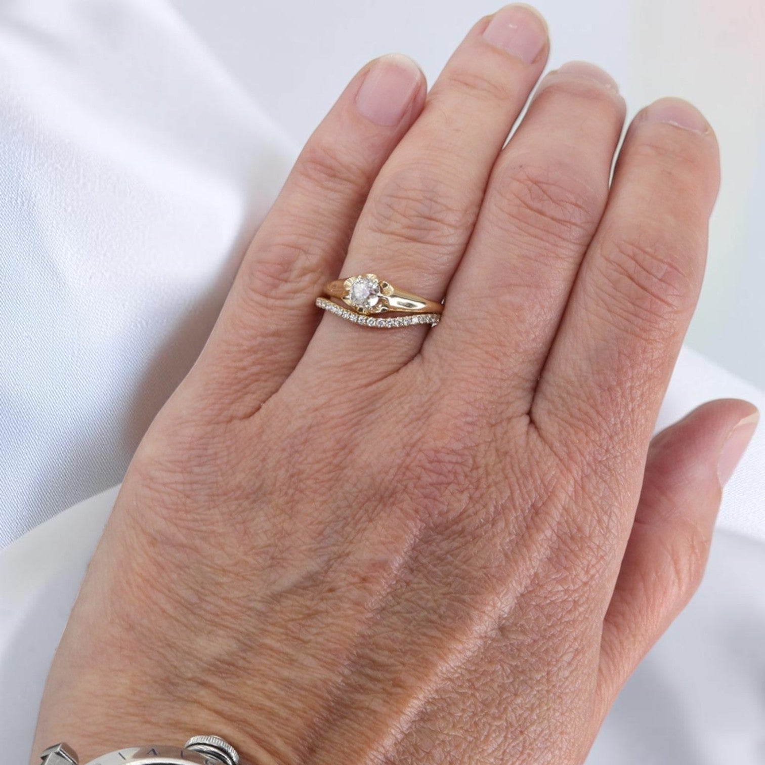 Petra Star Signature Belcher Diamond Ring Set With Antique Old Mine Cut Diamond - Petra Star