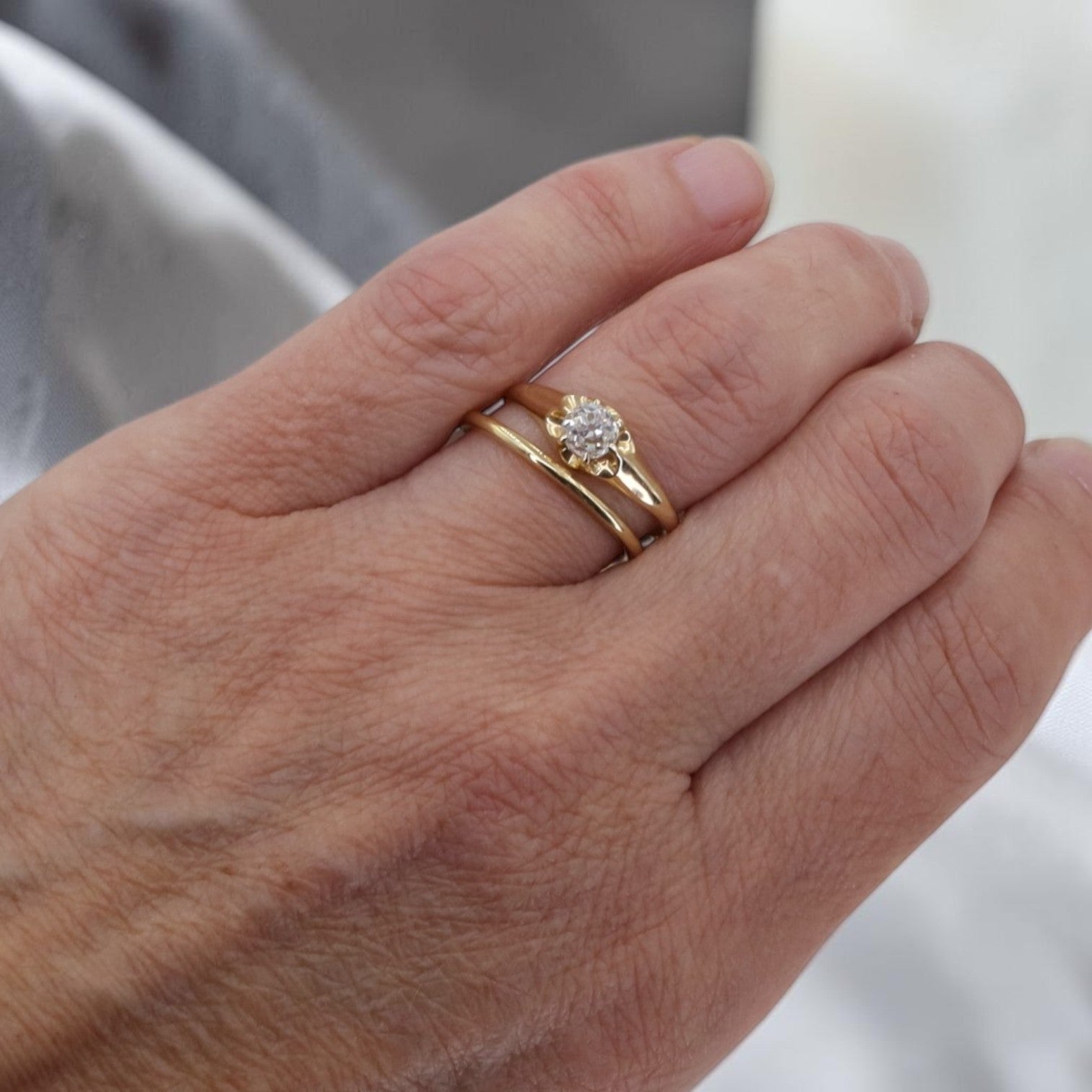 Petra Star Signature Belcher Diamond Ring Set With Antique Old Mine Cut Diamond - Petra Star