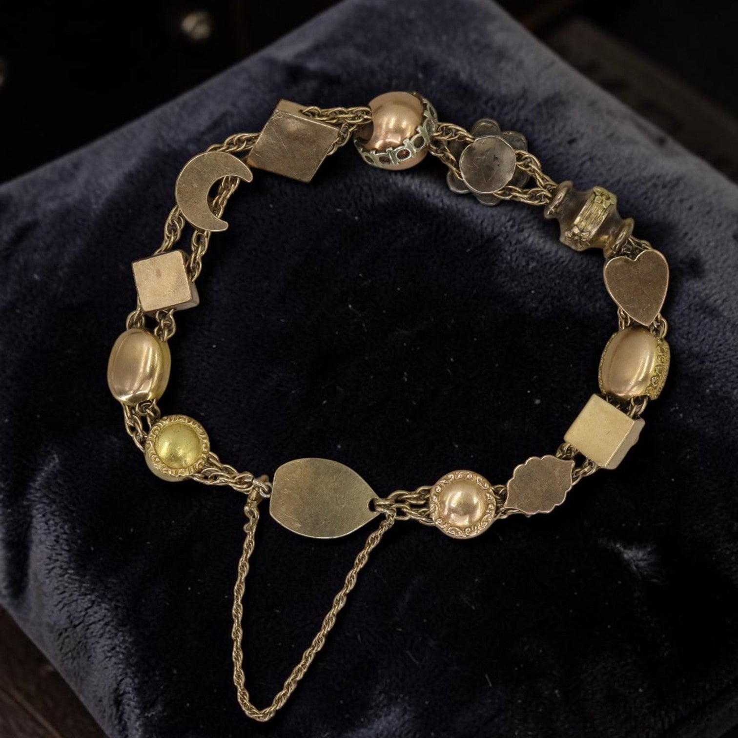 Antique Victorian Slide Bracelet 1880s | 13 Slides Gold, Pearl, Opal, Garnet, Turquoise | Tongue Clasp w/ Safety Chain
