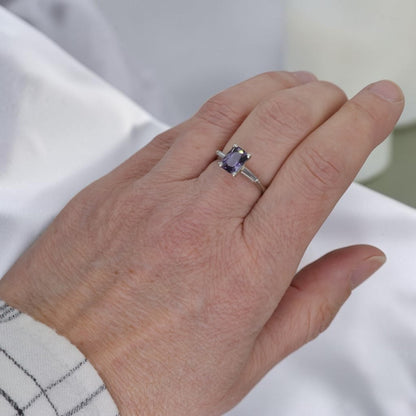 Purple Lavender Spinel Ring | 1.67ct Cushion Cut | Vintage 14K White Gold Tapered Baguette Mounting