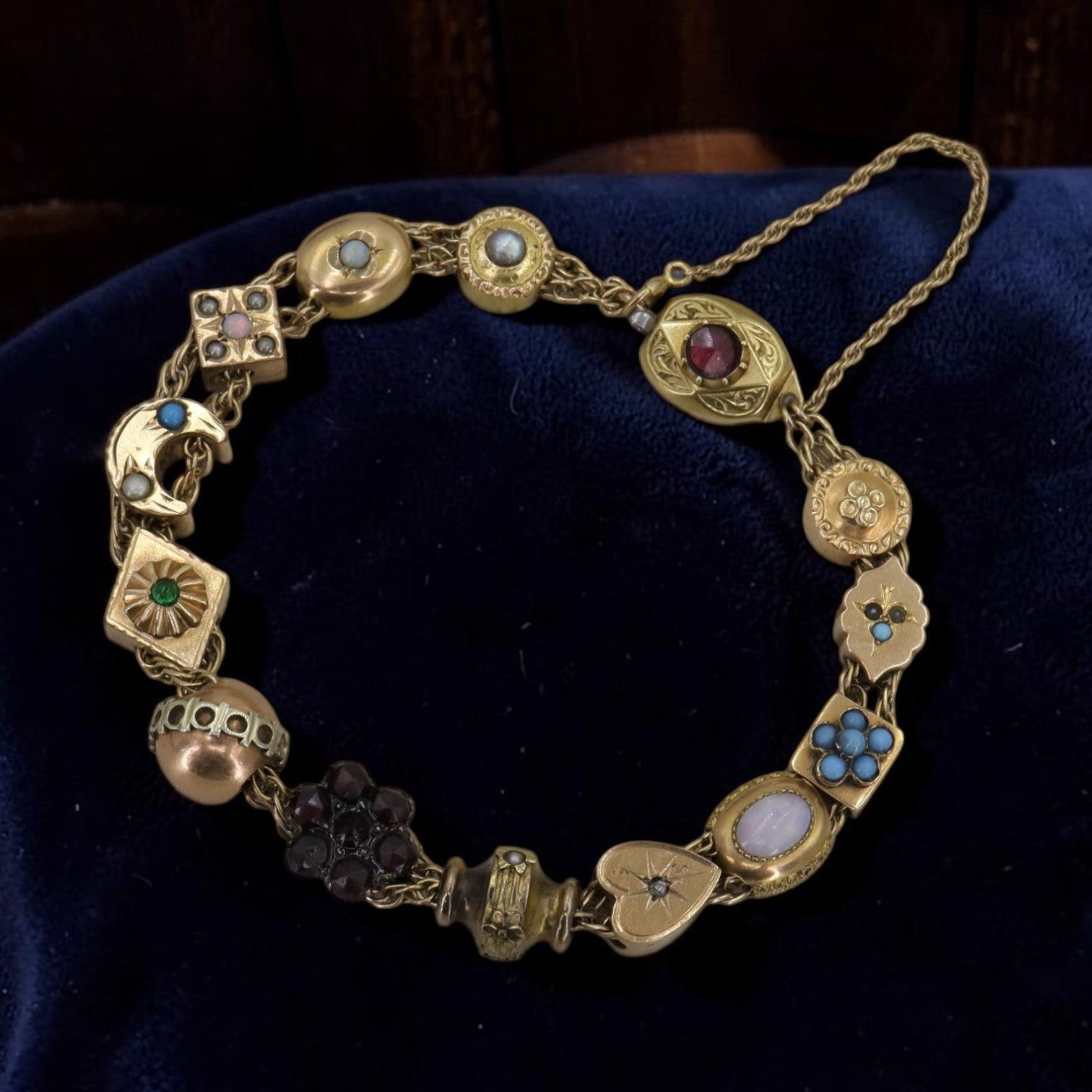 Antique Victorian Slide Bracelet 1880s | 13 Slides Gold, Pearl, Opal, Garnet, Turquoise | Tongue Clasp w/ Safety Chain