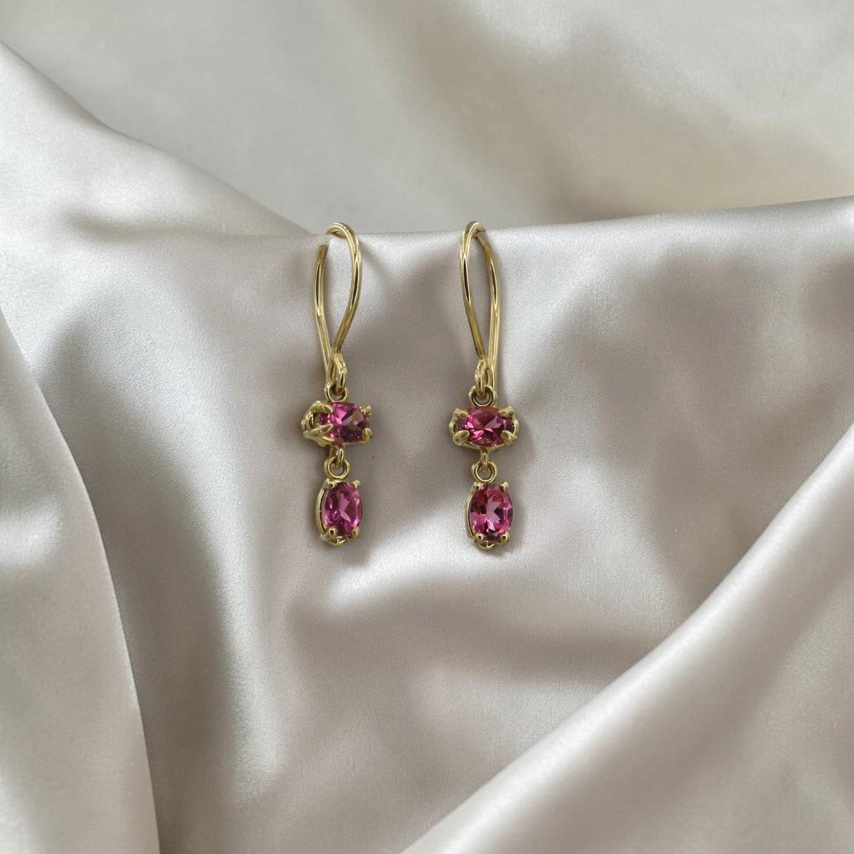 Pink Sapphire Drop Earrings in 18k Yellow Gold, Oval Double Drop - Petra StarEarrings