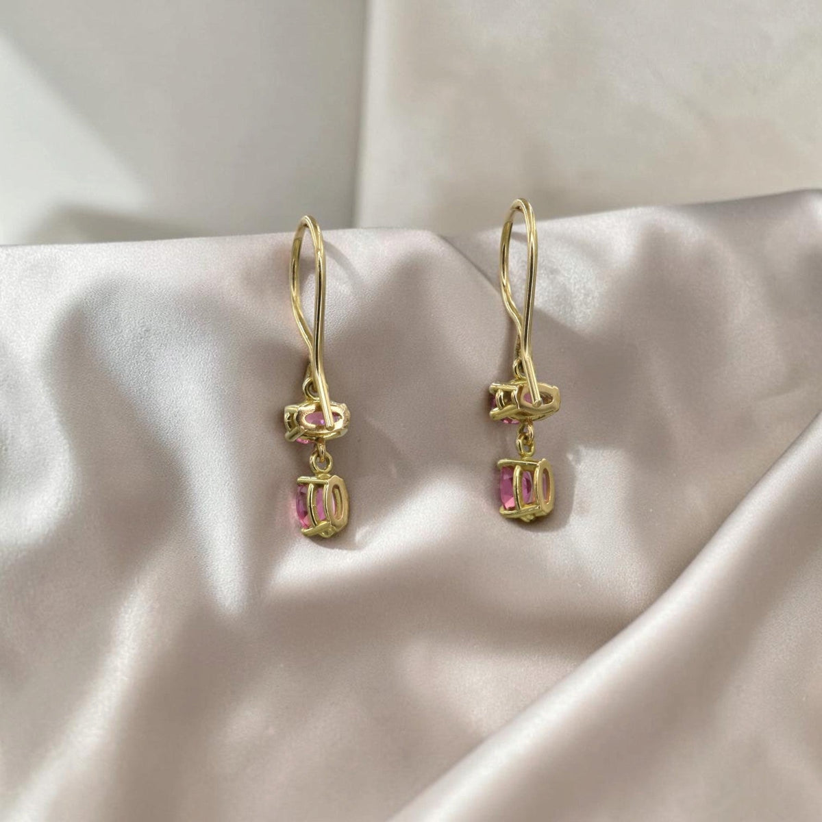 Pink Sapphire Drop Earrings in 18k Yellow Gold, Oval Double Drop - Petra StarEarrings