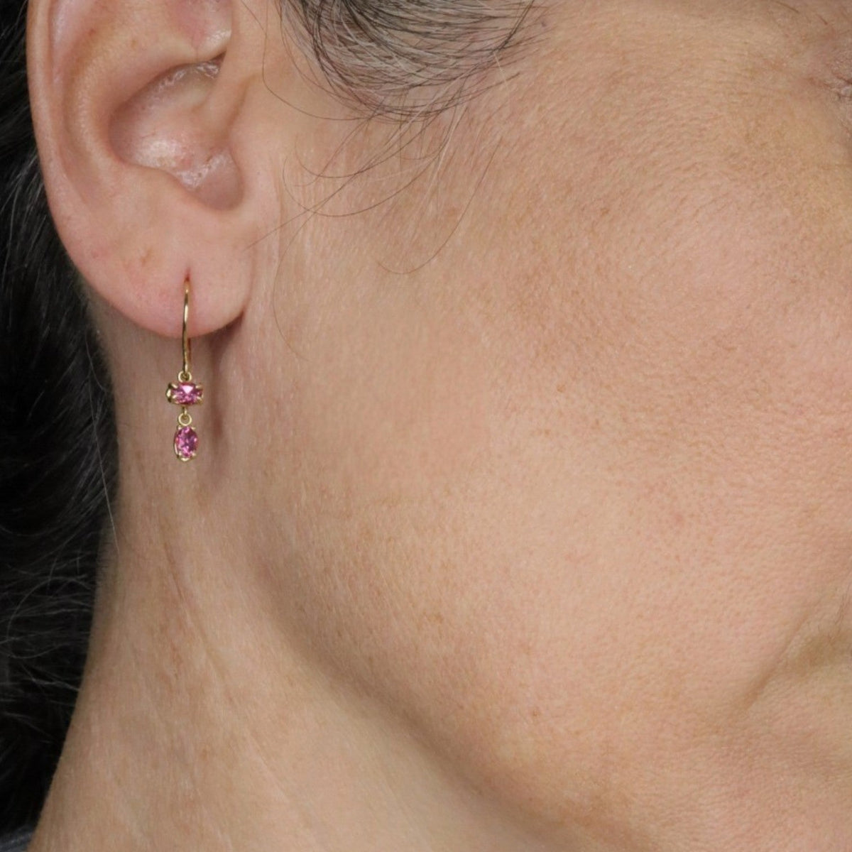 Pink Sapphire Drop Earrings in 18k Yellow Gold, Oval Double Drop - Petra StarEarrings