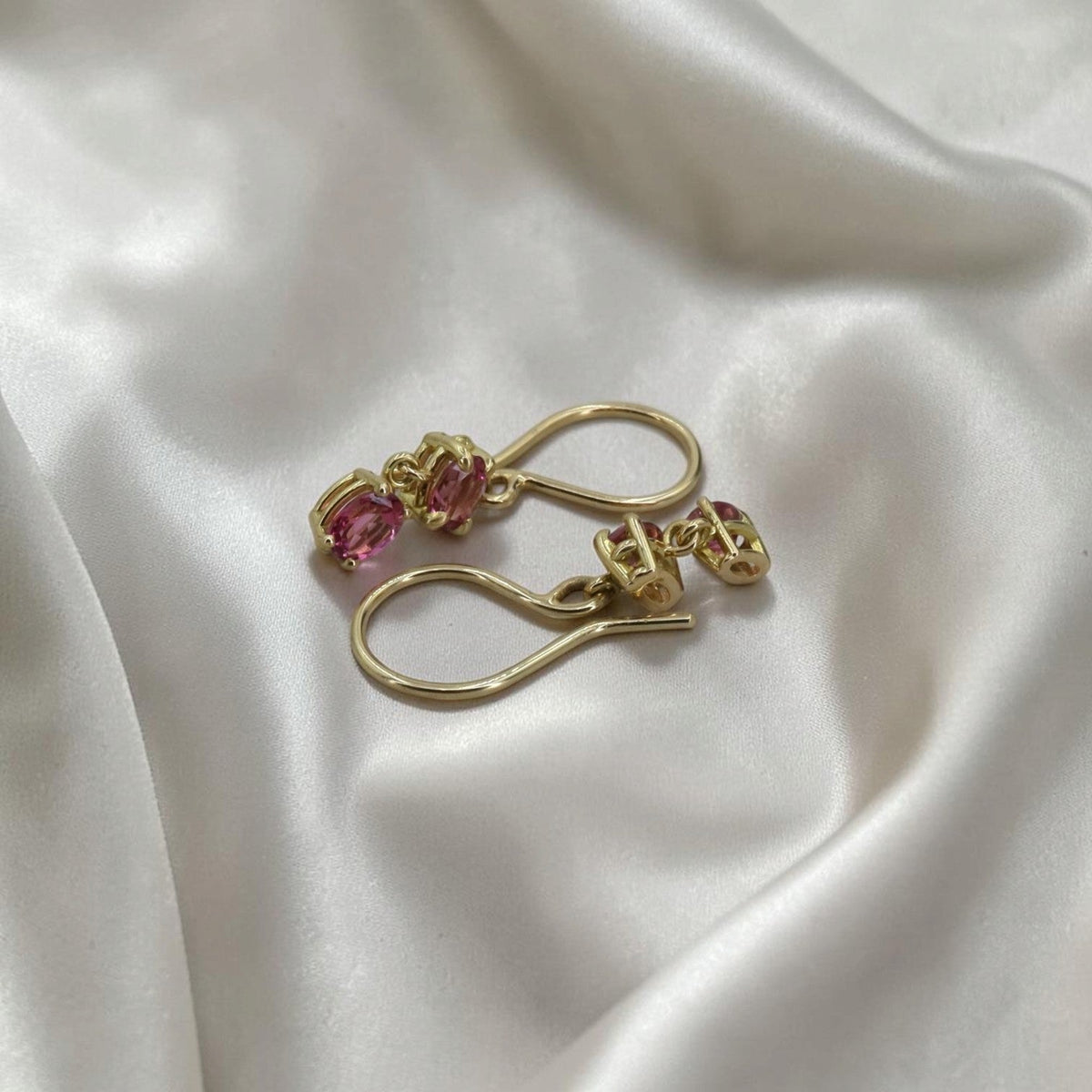 Pink Sapphire Drop Earrings in 18k Yellow Gold, Oval Double Drop - Petra StarEarrings