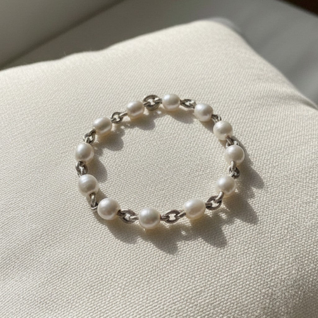 Antique Pearl Chain-Link Ring — Handmade in Platinum, Reimagined from an Antique Chain