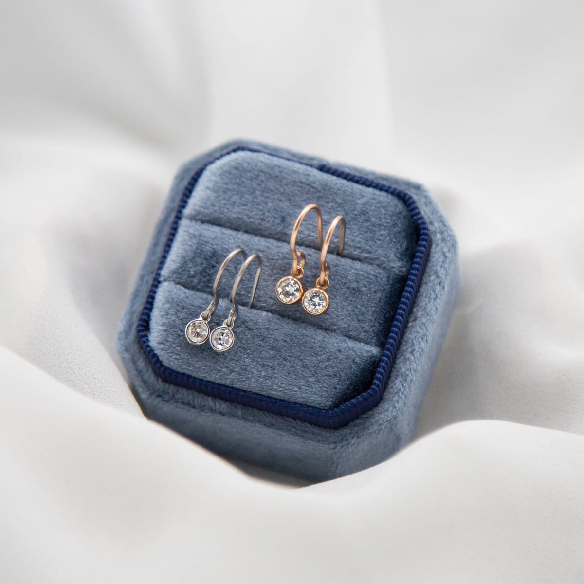 Platinum Diamond Drop Earrings in Hand Fabricated Bezels 2 = 0.23 cts Round Diamonds - JL1052C - Petra Star