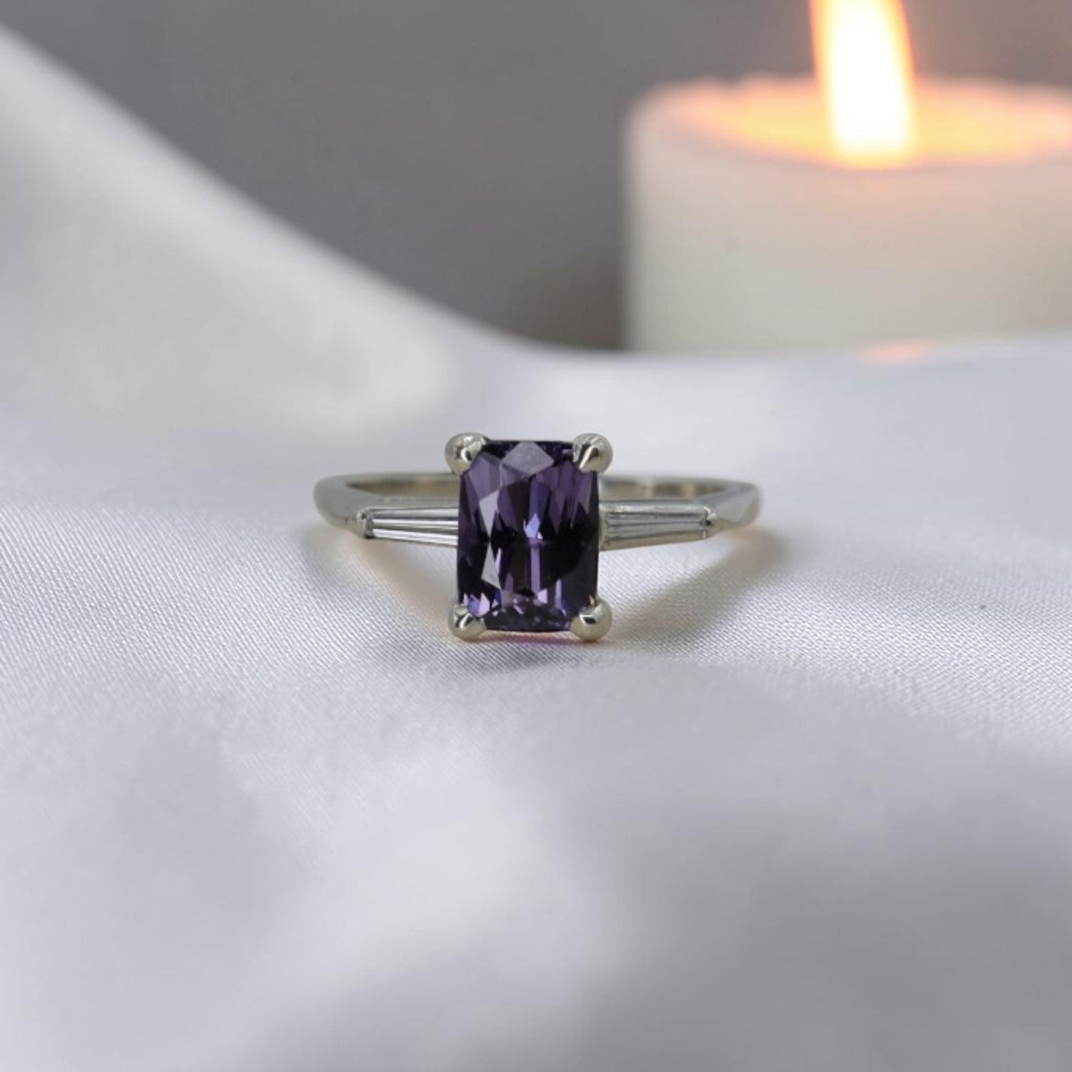 Purple Lavender Spinel Ring | 1.67ct Cushion Cut | Vintage 14K White Gold Tapered Baguette Mounting - Petra Star