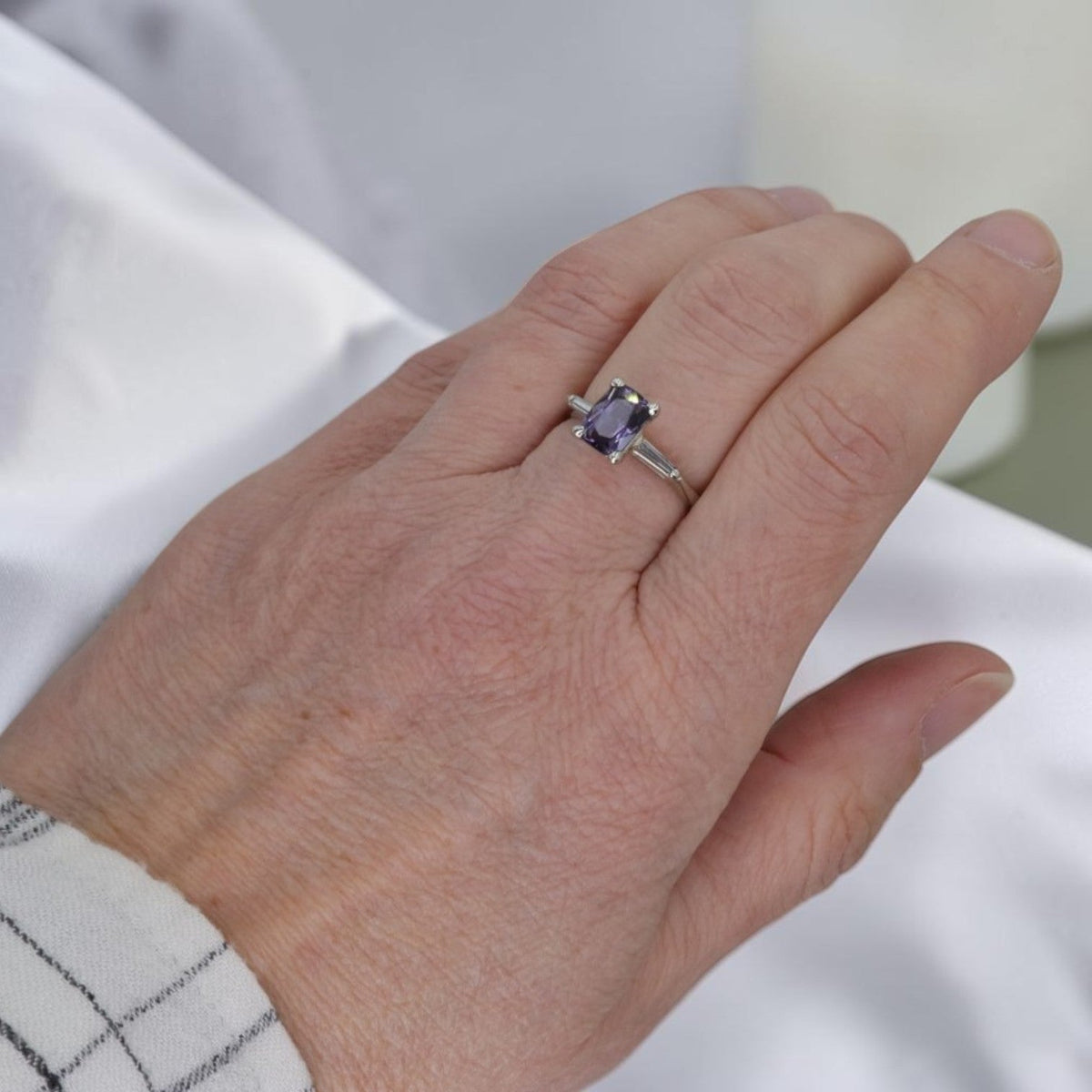 Purple Lavender Spinel Ring | 1.67ct Cushion Cut | Vintage 14K White Gold Tapered Baguette Mounting - Petra Star