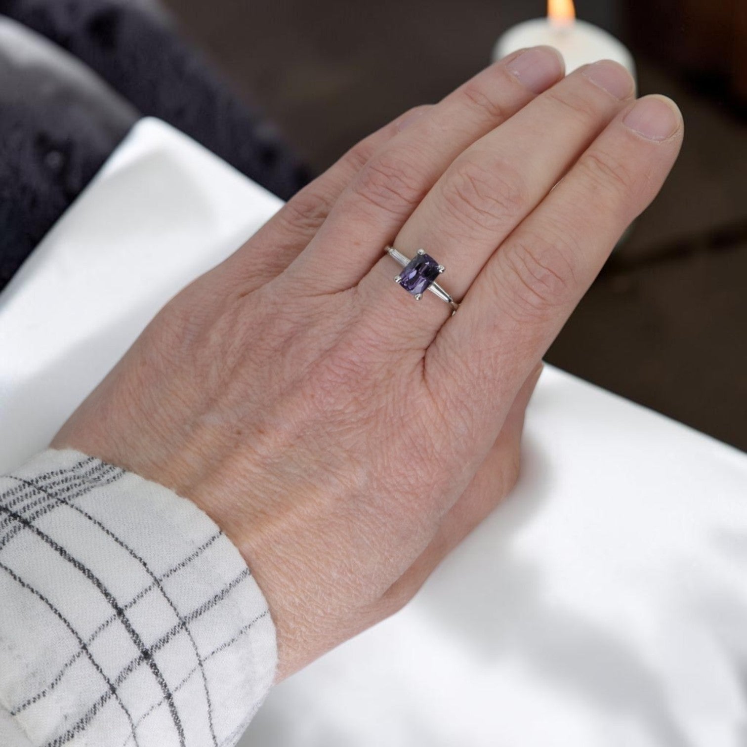 Purple Lavender Spinel Ring | 1.67ct Cushion Cut | Vintage 14K White Gold Tapered Baguette Mounting - Petra Star