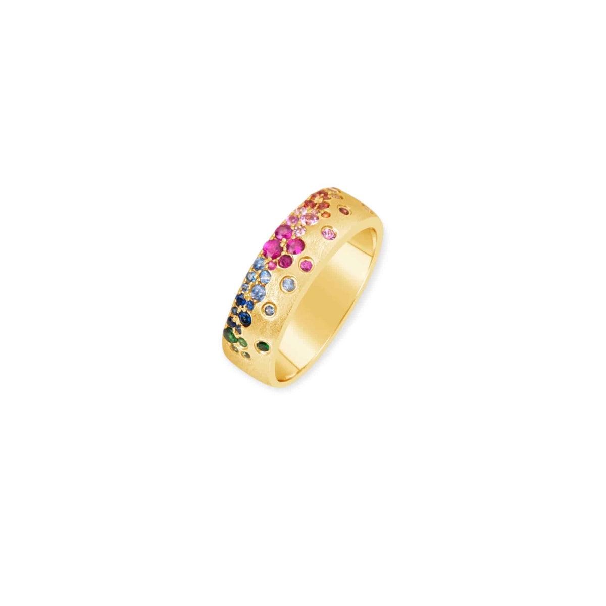 Rainbow Sapphire & Tsavorite Cigar Band Ring—Sandblasted 14k Yellow Gold - Petra Star