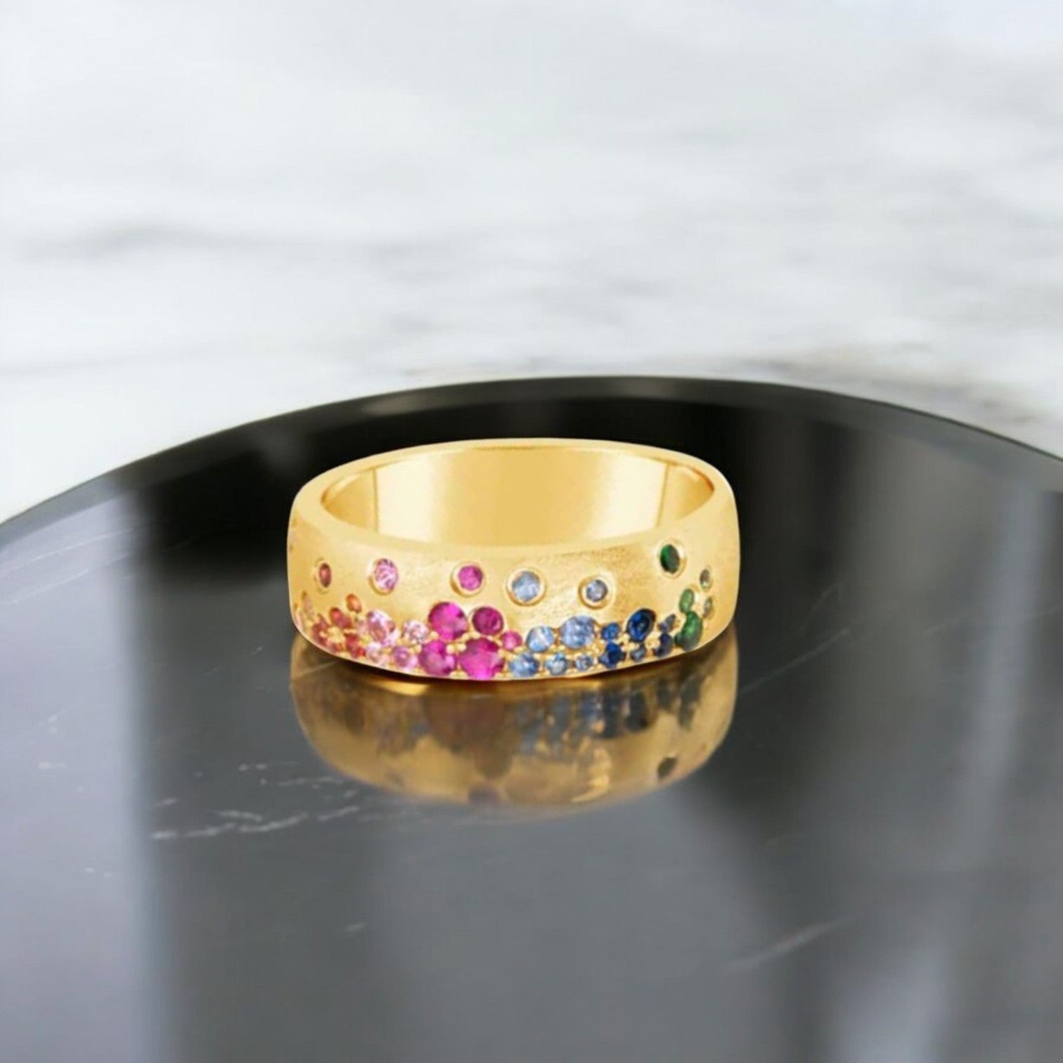 Rainbow Sapphire & Tsavorite Cigar Band Ring—Sandblasted 14k Yellow Gold - Petra Star