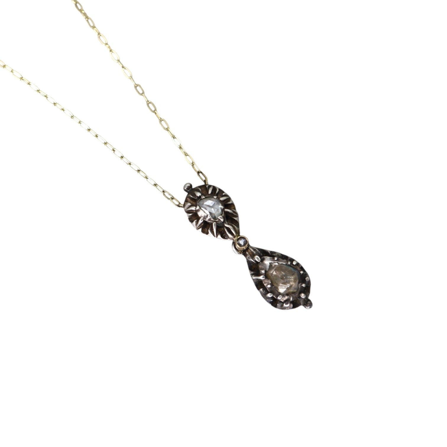 Rare Georgian Double-Drop Rose-Cut Diamond Pendant Necklace in Silver & 14k Gold - Petra Star