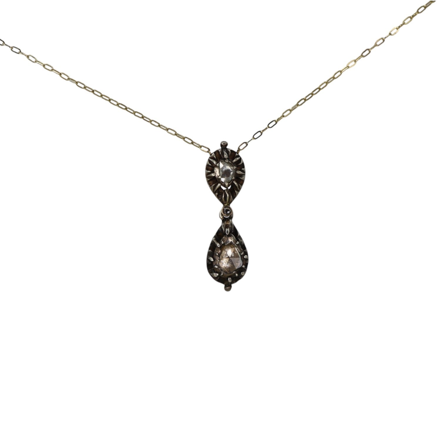 Rare Georgian Double-Drop Rose-Cut Diamond Pendant Necklace in Silver & 14k Gold - Petra Star