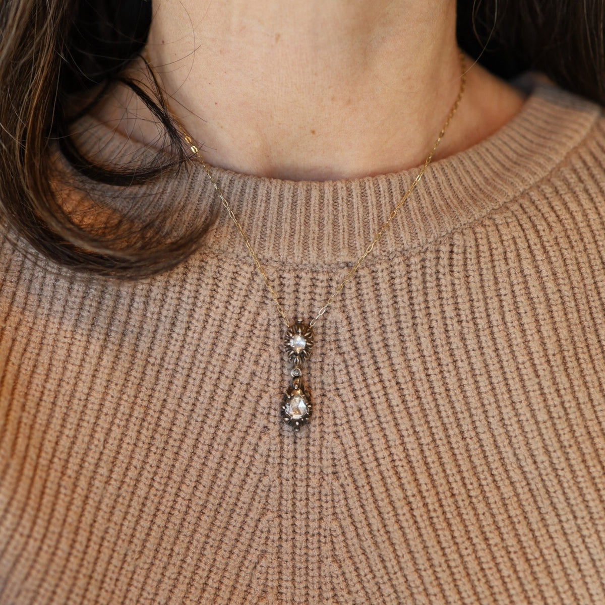 Rare Georgian Double-Drop Rose-Cut Diamond Pendant Necklace in Silver & 14k Gold - Petra Star