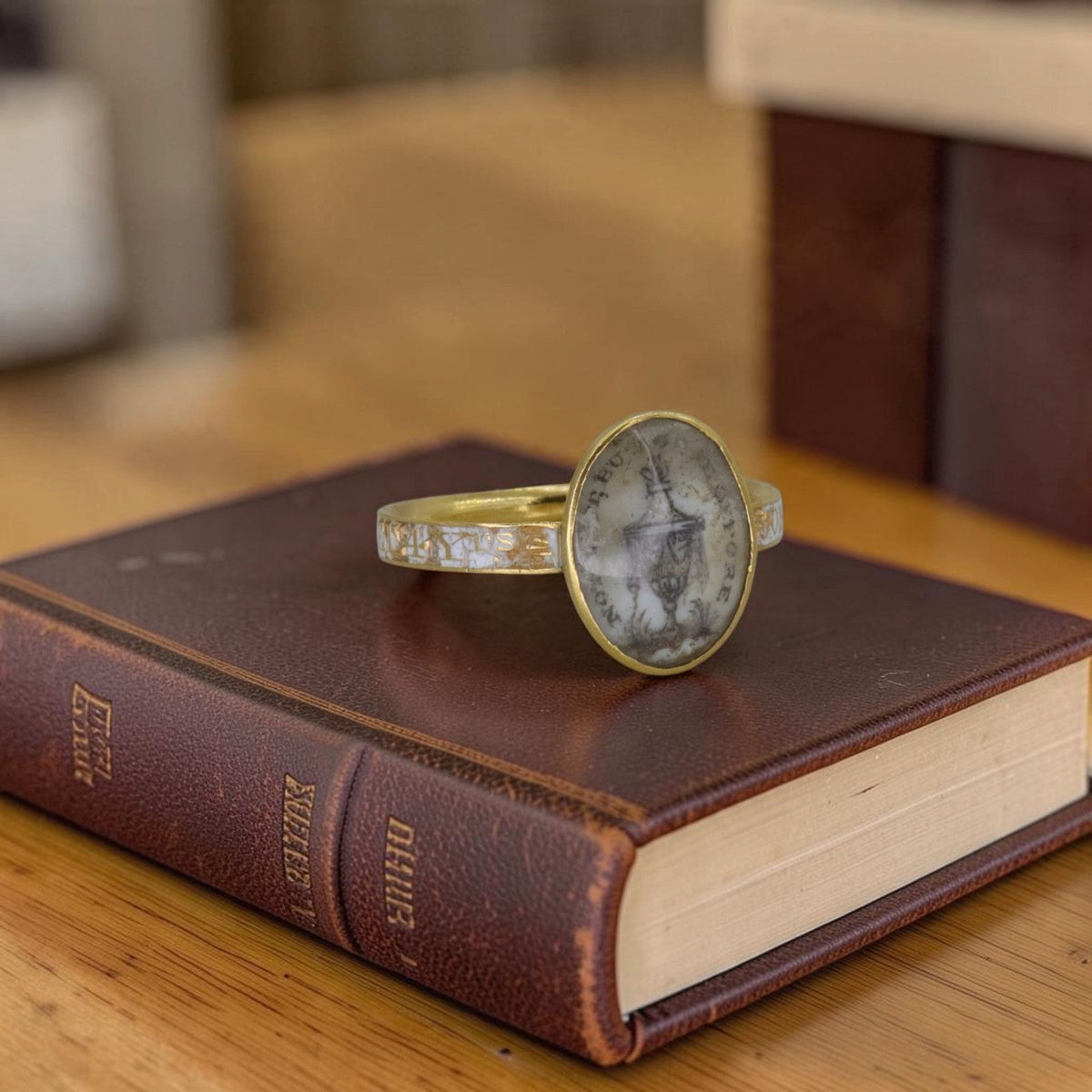 Rare Georgian White Enamel Memento Mori Mourning Ring, 18k Gold, Dated 1809 - Petra StarRing