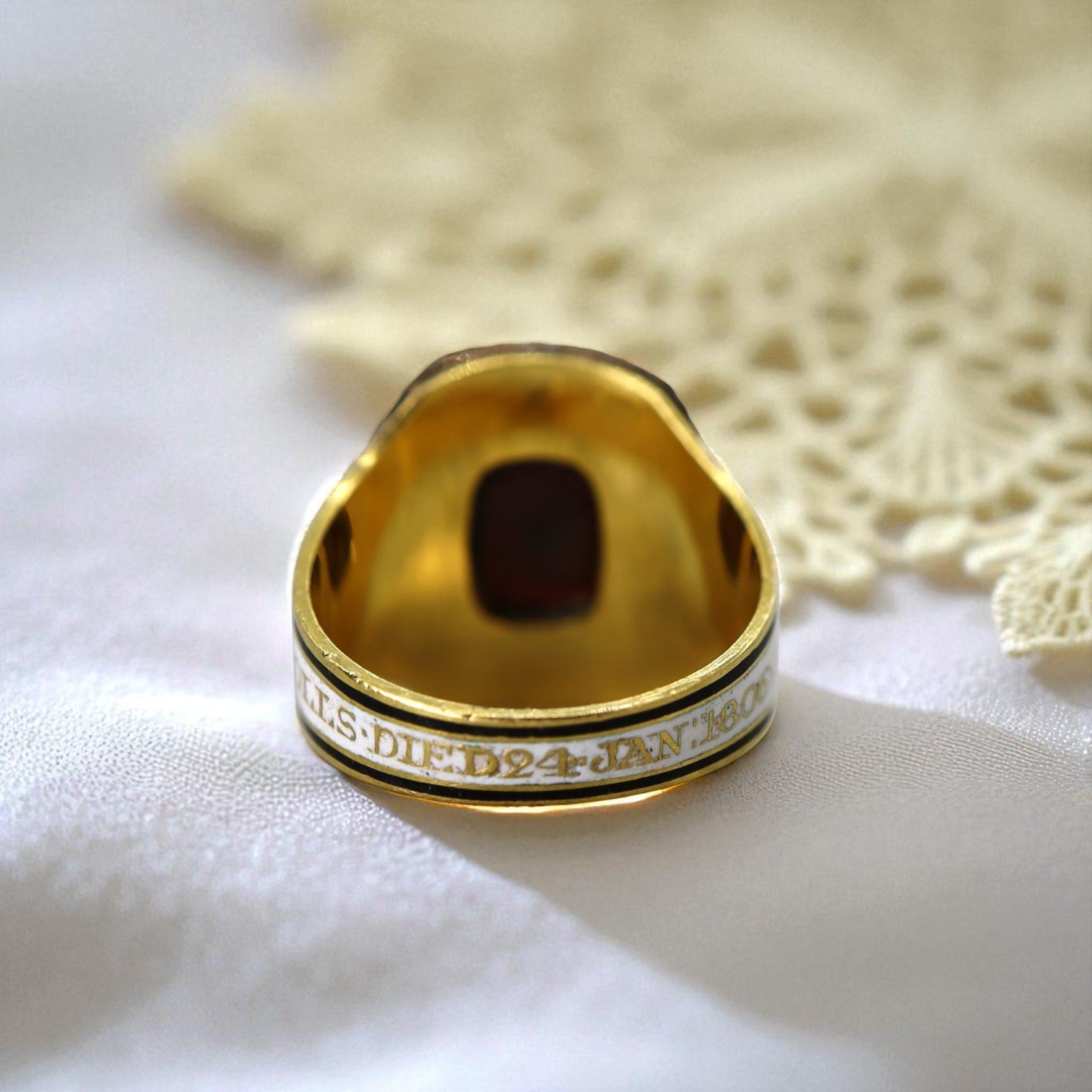 RARE White Enamel Georgian Memento Mori Ring with Sugarloaf Garnet 1806 - Petra Star