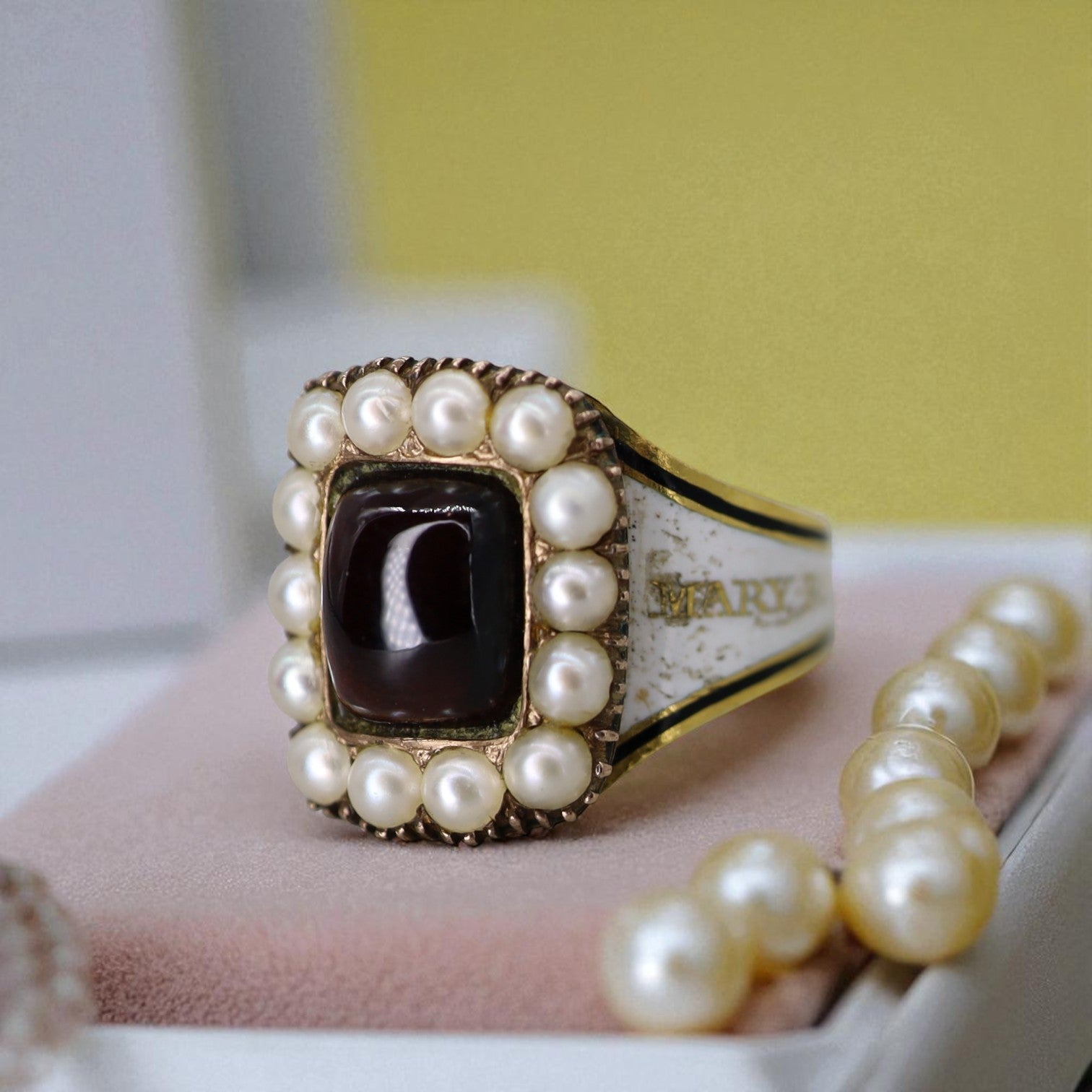 RARE White Enamel Georgian Memento Mori Ring with Sugarloaf Garnet 1806 - Petra Star