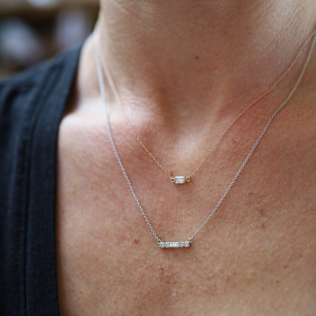 Recycled Baguette Diamond Necklace in 14k Rose Gold Minimalist Style - Petra Star