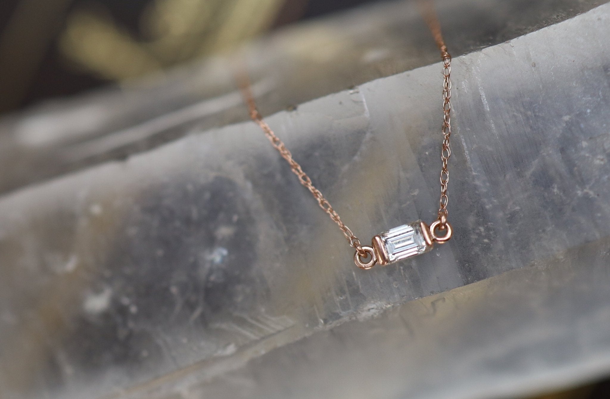 Recycled Baguette Diamond Necklace in 14k Rose Gold Minimalist Style - Petra Star