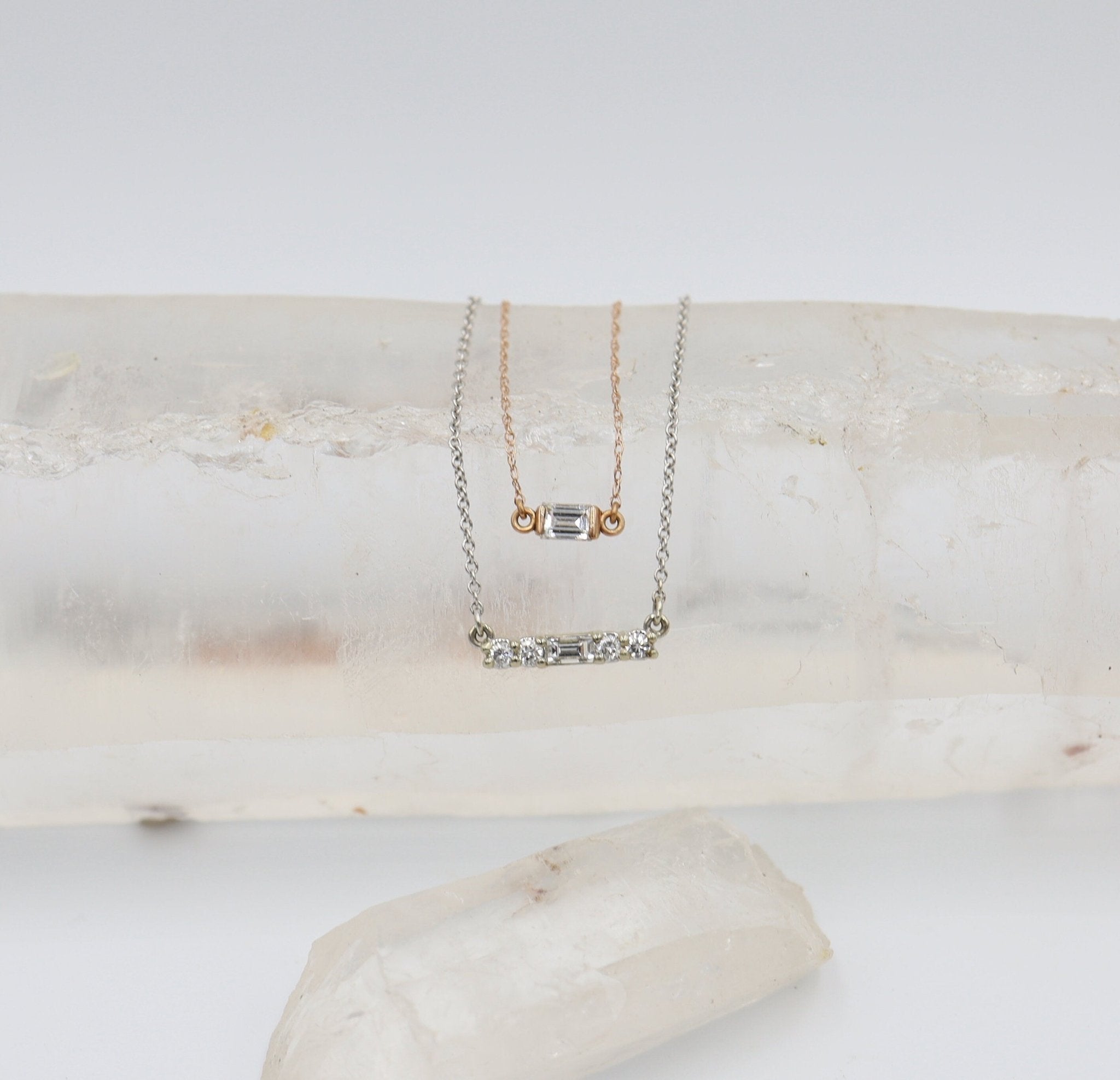 Recycled Baguette Diamond Necklace in 14k Rose Gold Minimalist Style - Petra Star