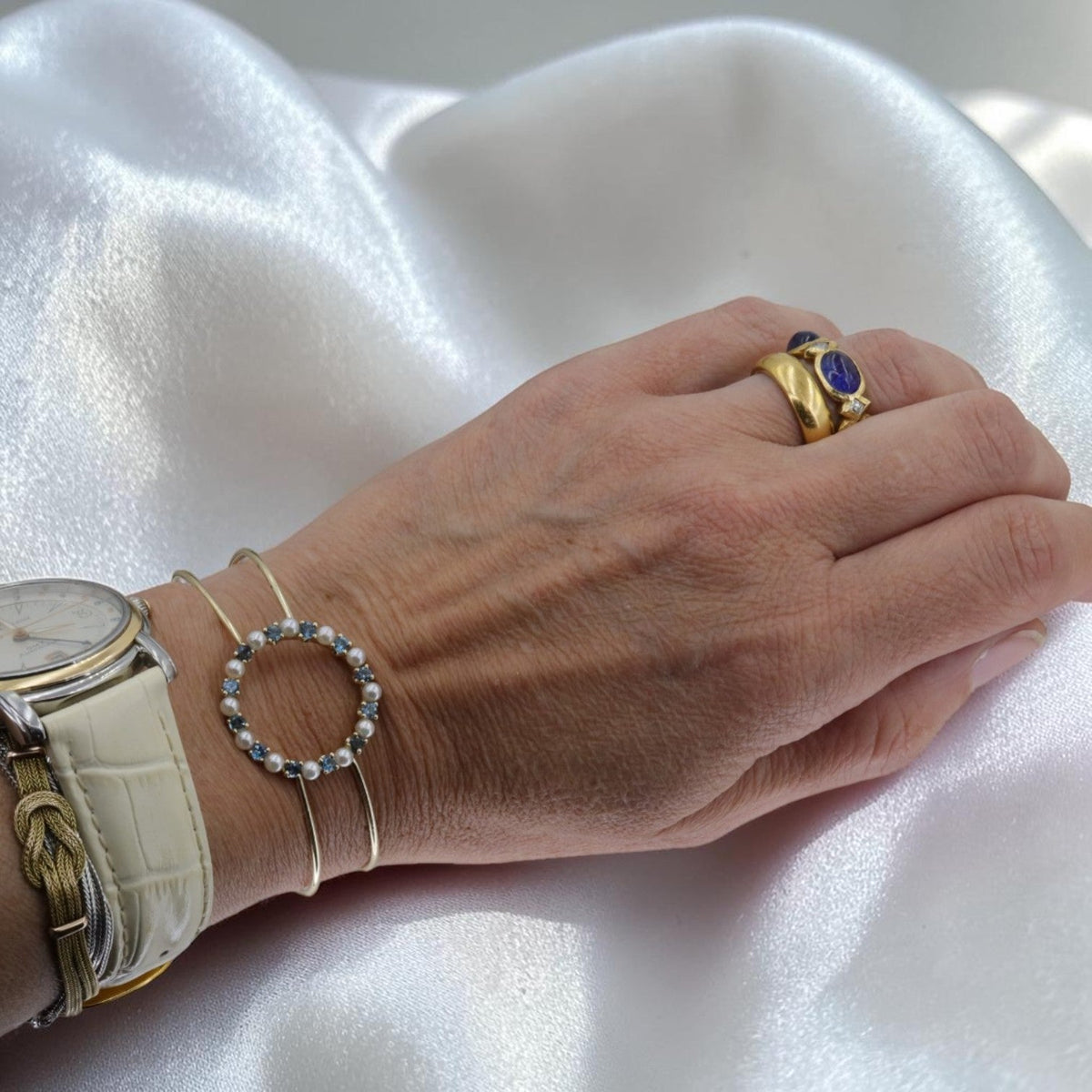 Reimagined Estate Brooch Cuff Bracelet — 14K Gold, Pearl & Blue Zircon, Circa 1930s - Petra StarBracelets