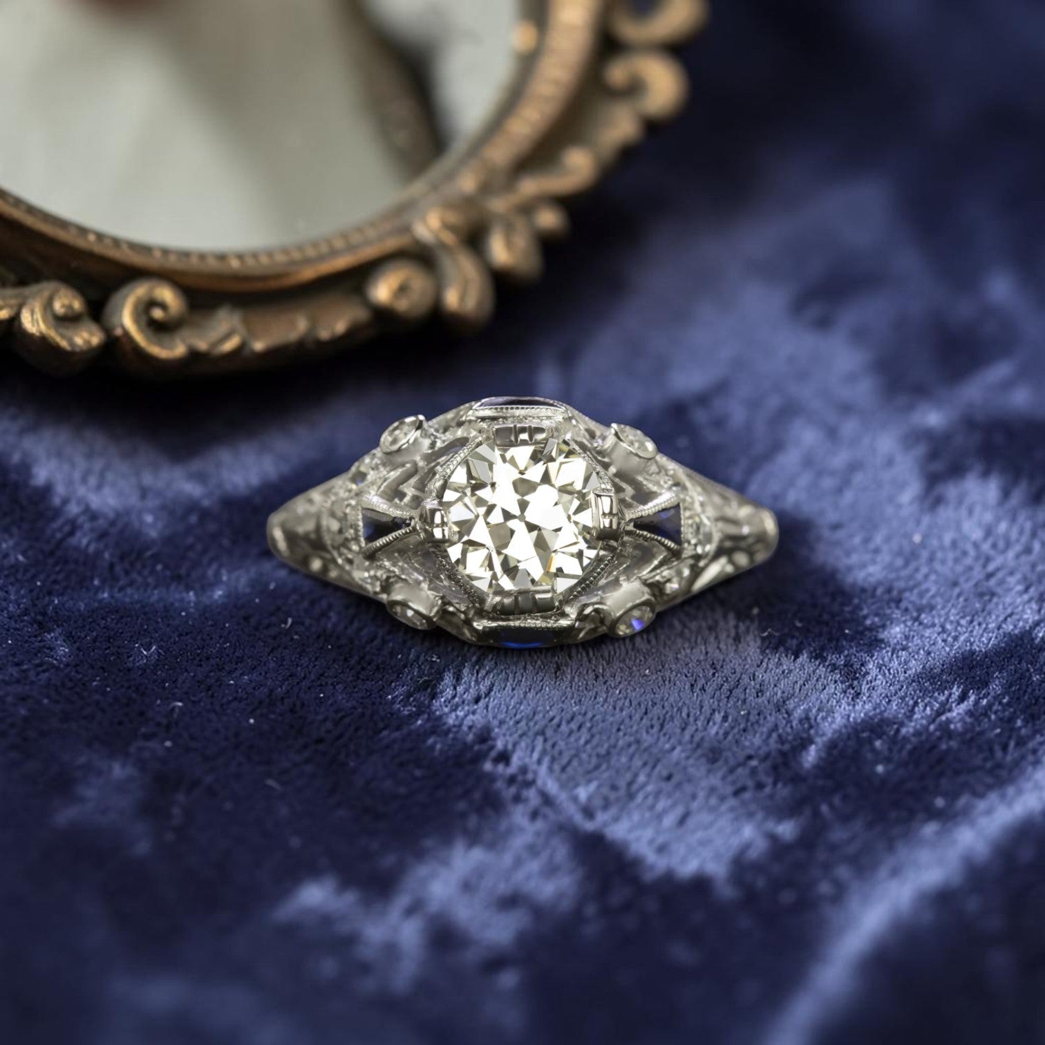 Retro Old Mine Cut Diamond Ring in Palladium 3.00 cts Total Weight - Petra Star