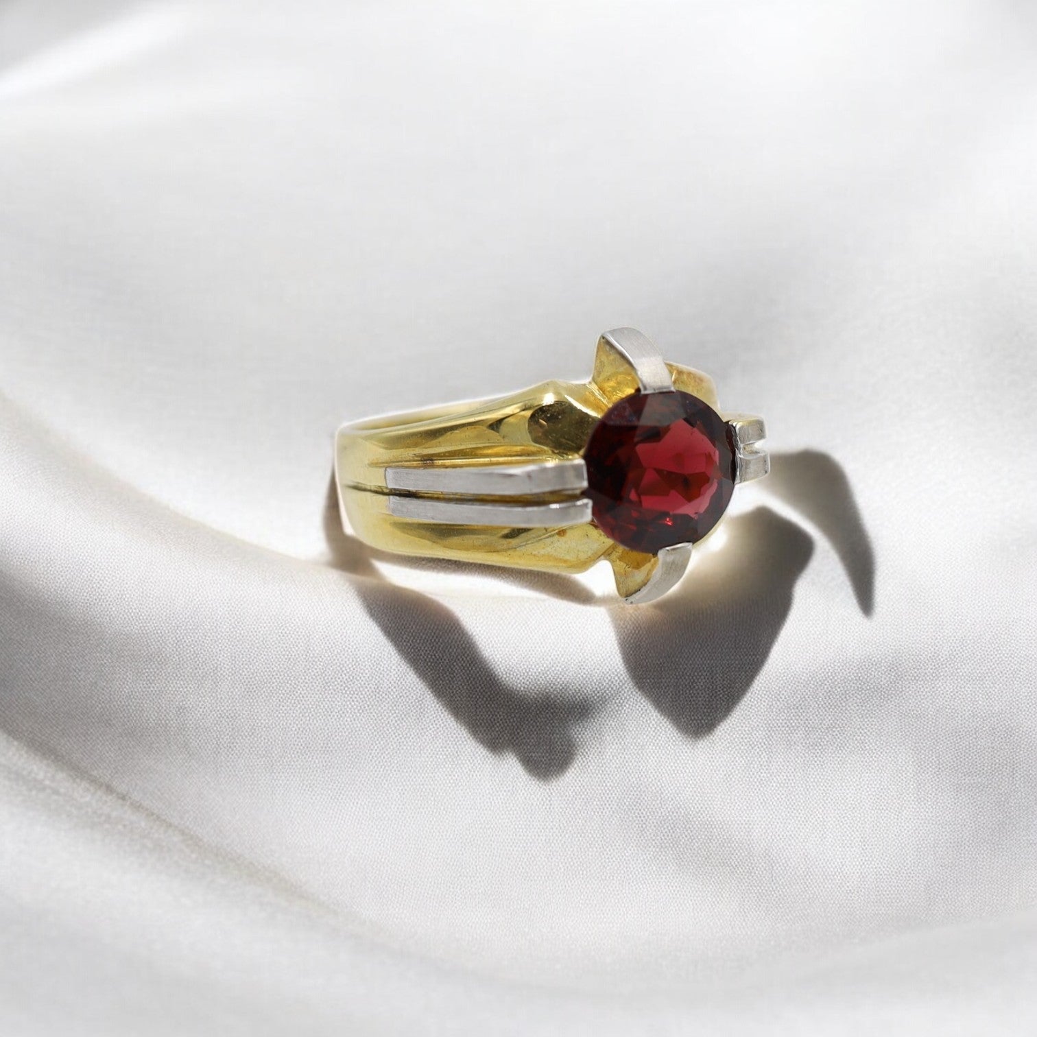 Retro-Style Men’s Ring in Platinum & 18k Gold with Rhodolite Garnet - Petra Star