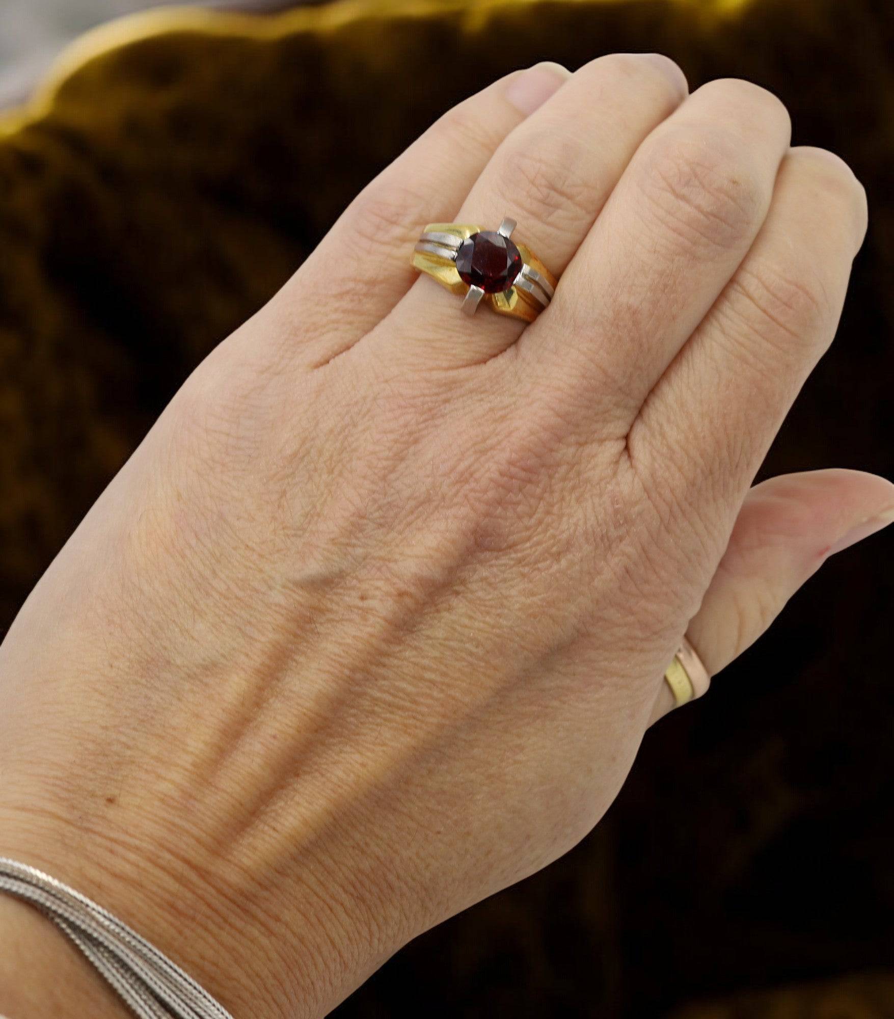Retro-Style Men’s Ring in Platinum & 18k Gold with Rhodolite Garnet - Petra Star