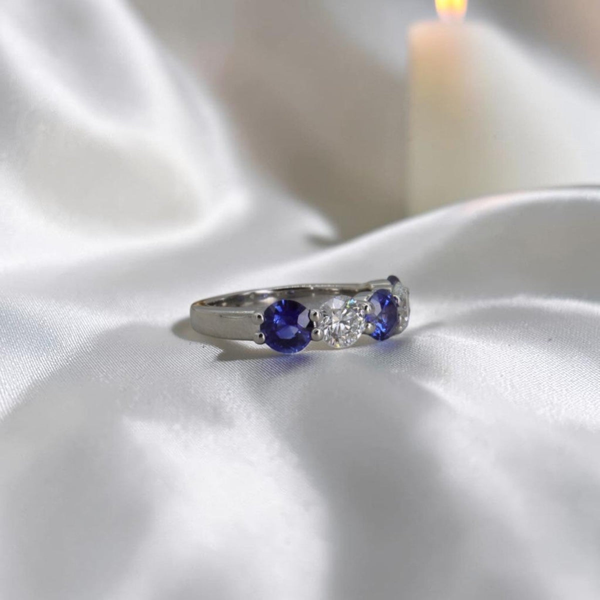 Sapphire & Diamond Five Stone Band | 1.60ctw Blue Sapphires, 0.90ctw F/VS Diamonds | Custom Shared Prong | Petra Star - Petra Star