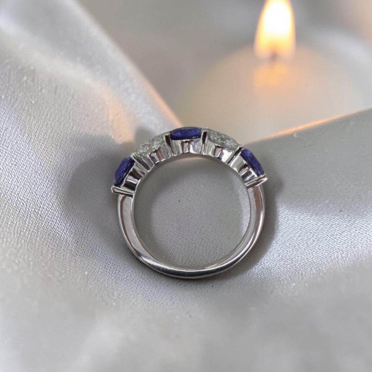 Sapphire & Diamond Five Stone Band | 1.60ctw Blue Sapphires, 0.90ctw F/VS Diamonds | Custom Shared Prong | Petra Star - Petra Star
