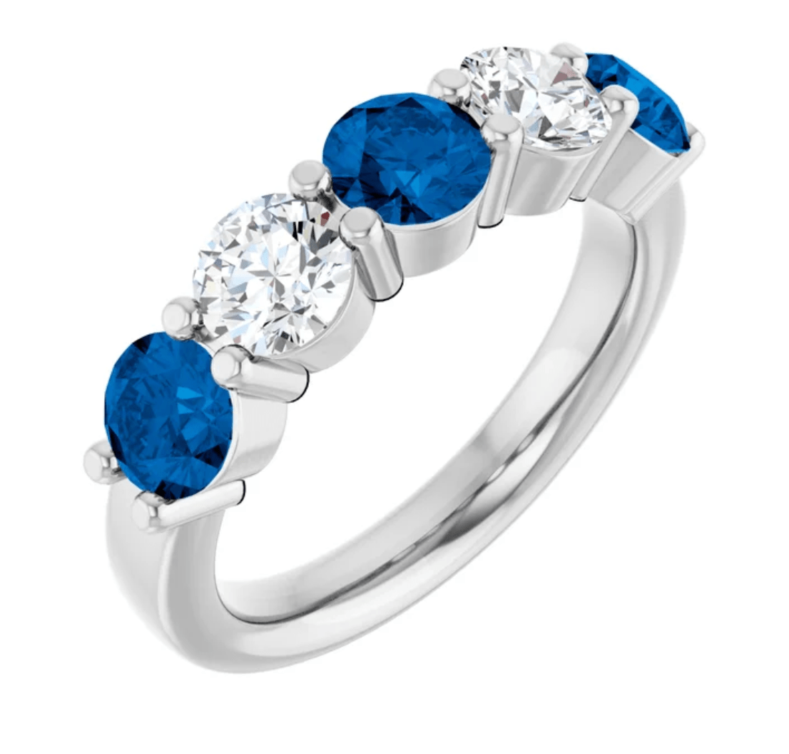 Sapphire & Diamond Five Stone Band | 1.60ctw Blue Sapphires, 0.90ctw F/VS Diamonds | Custom Shared Prong | Petra Star - Petra Star