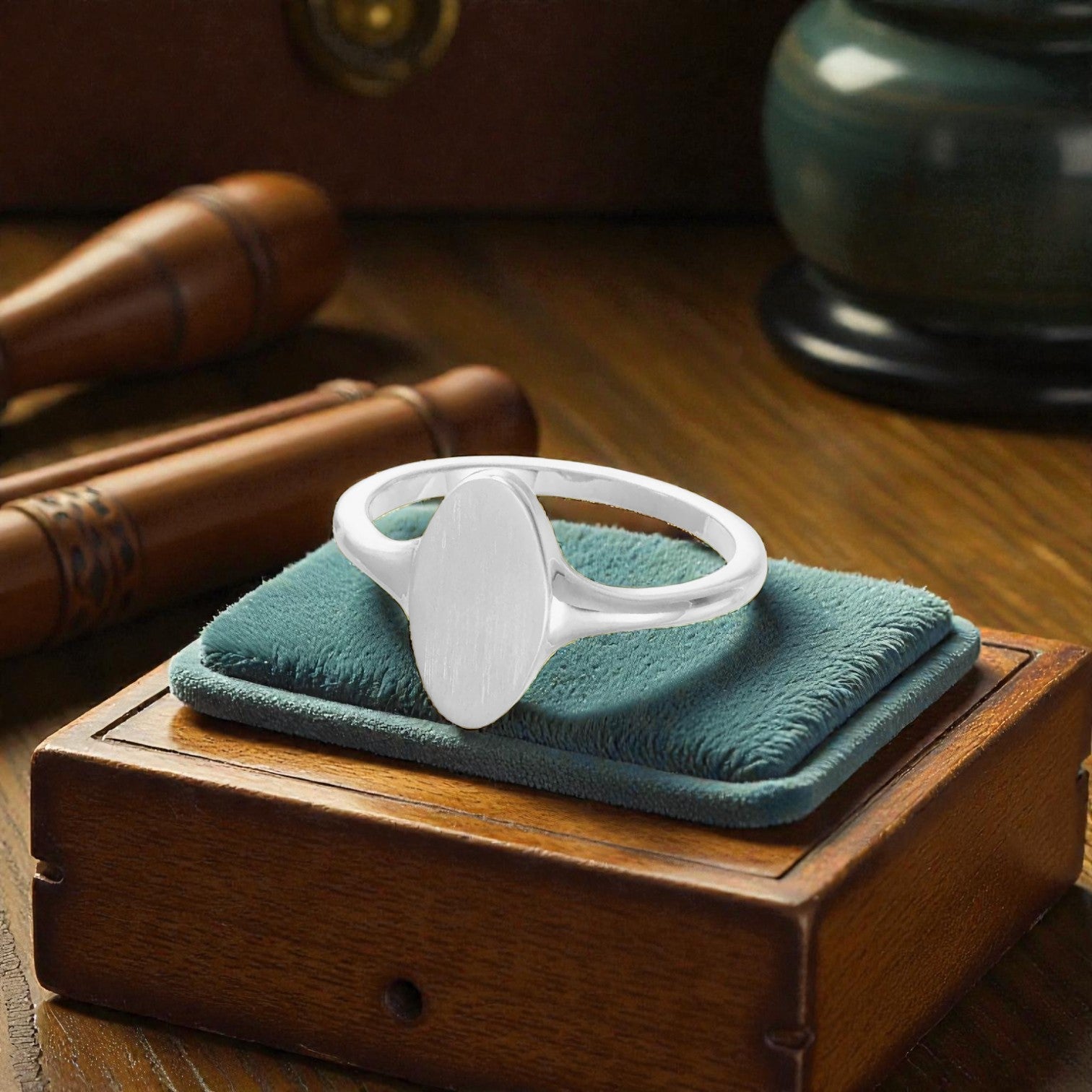 Silver Elongated Oval Signet Ring with Brush Finish - Petra Star