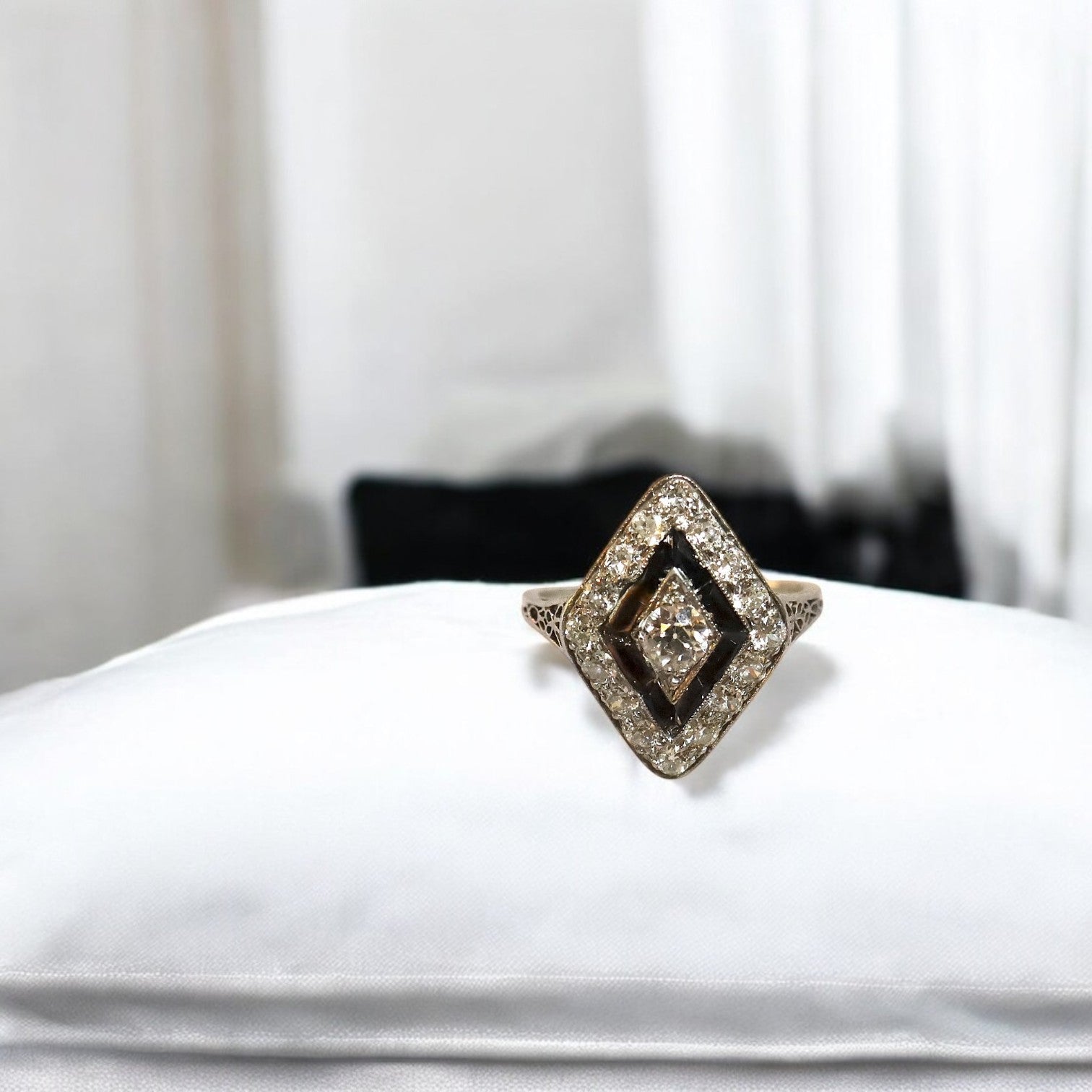 Stunning Platinum Art Deco Engagement Ring with Black Onyx - Petra Star