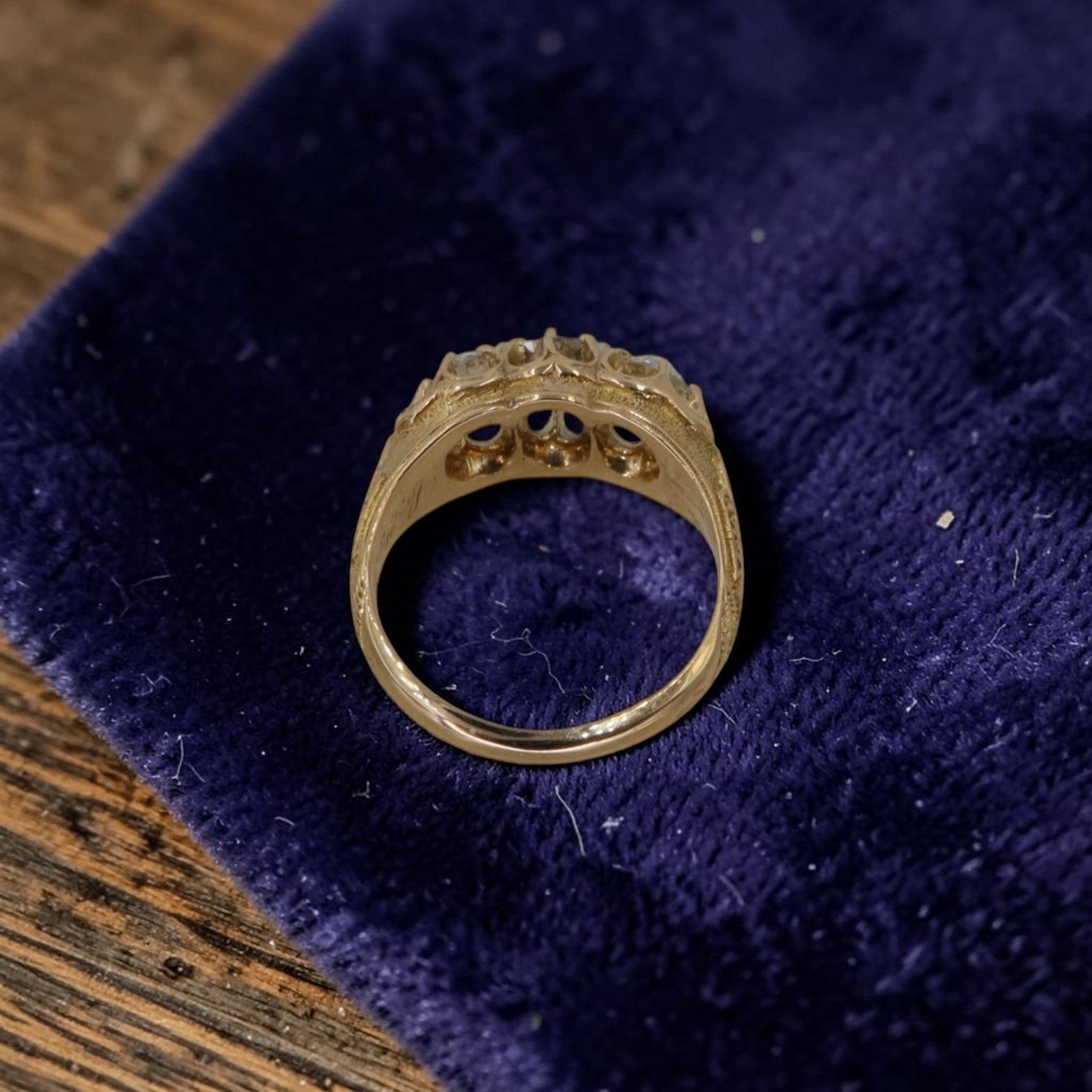 Antique Victorian 3 stone diamond ring with 0.93ct old mine cut diamonds, 18K gold band, engraved date 1868, gypsy set trilogy.