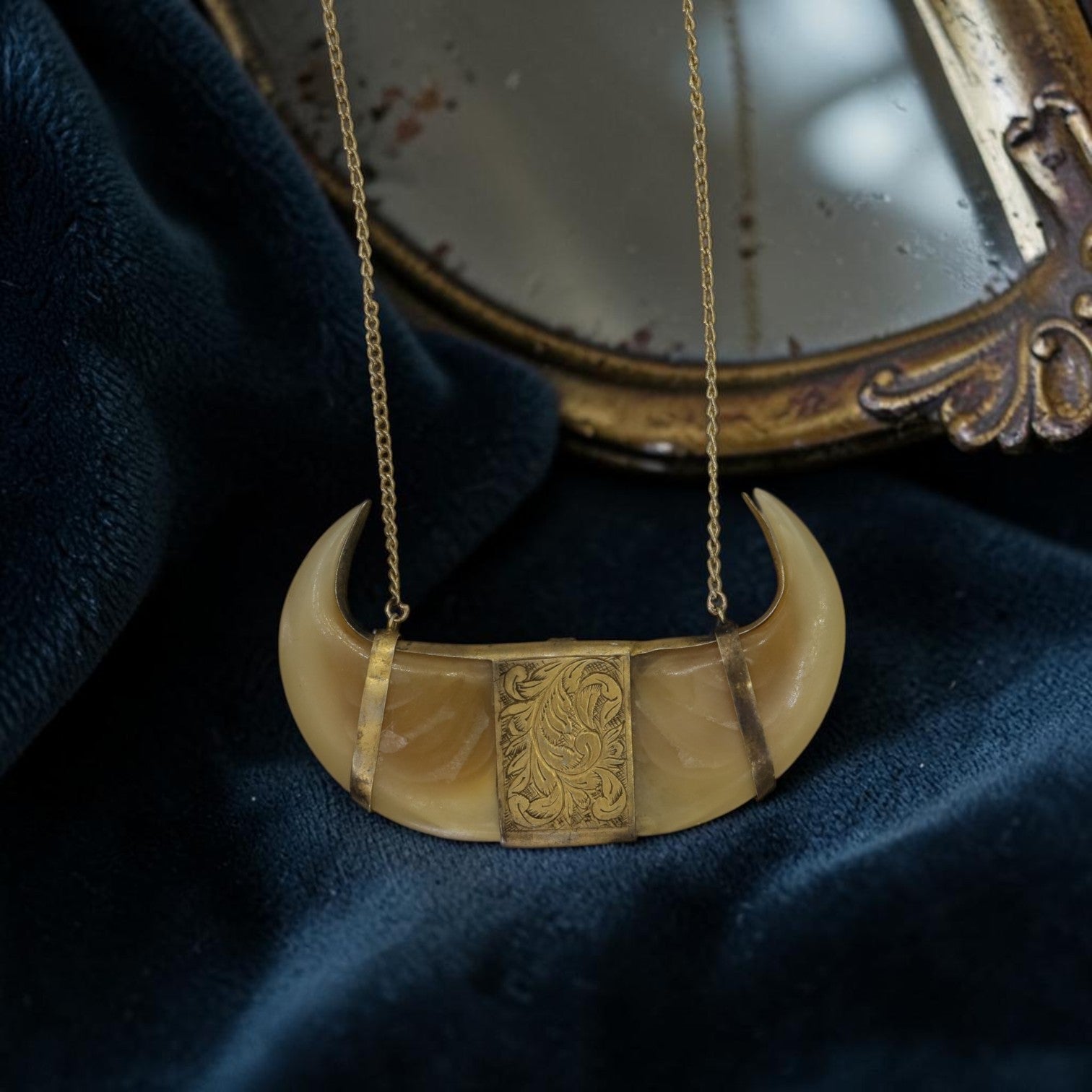Antique Double Tiger Claw Necklace, Victorian British Raj Gold Filled Engraved Pendant