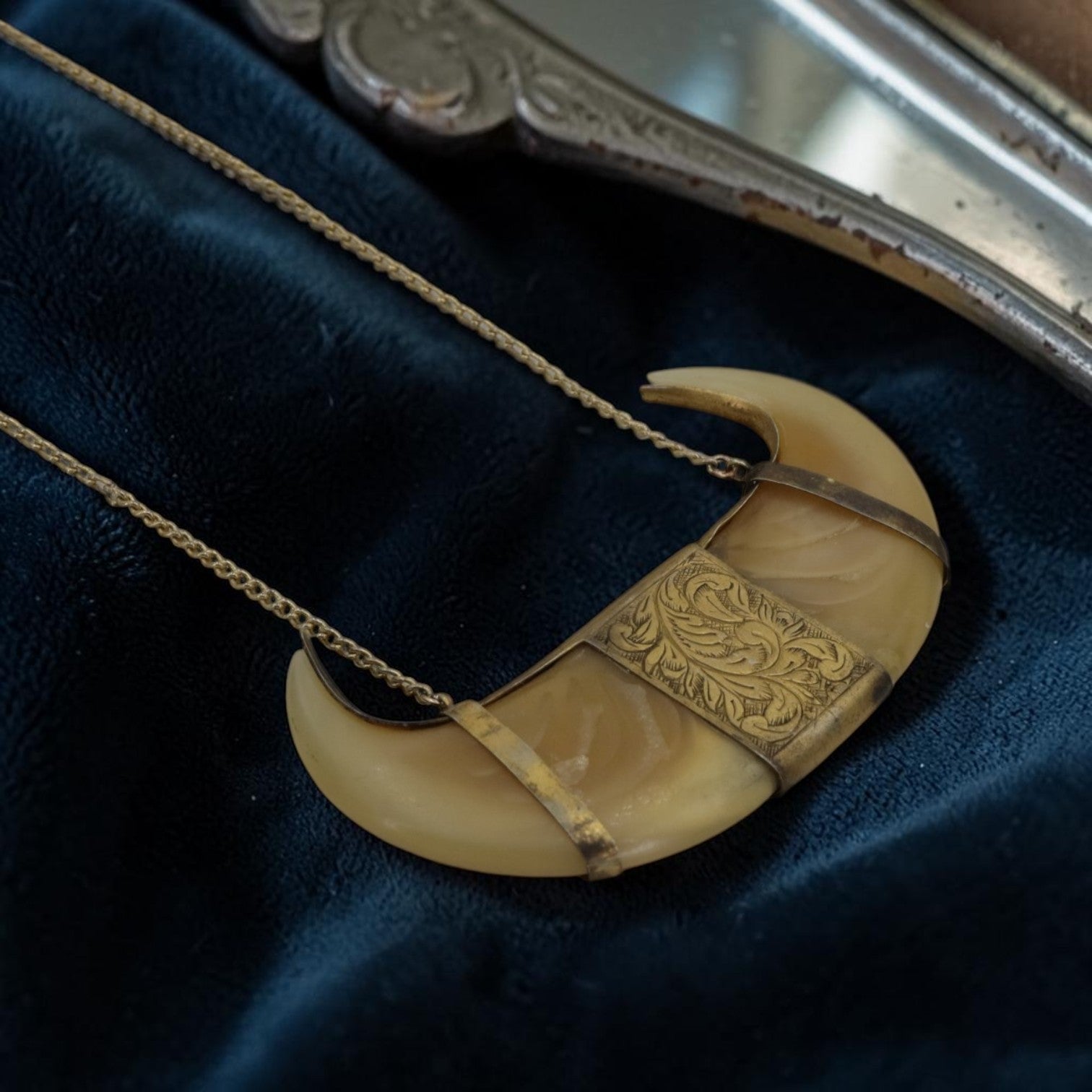 Antique Double Tiger Claw Necklace, Victorian British Raj Gold Filled Engraved Pendant