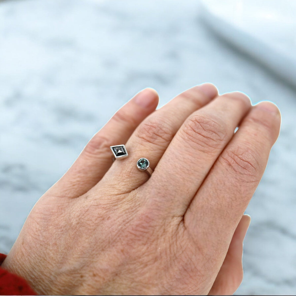 Toi et Moi Salt & Pepper Diamond & Teal Tourmaline Ring in 14k White Gold - Petra Star