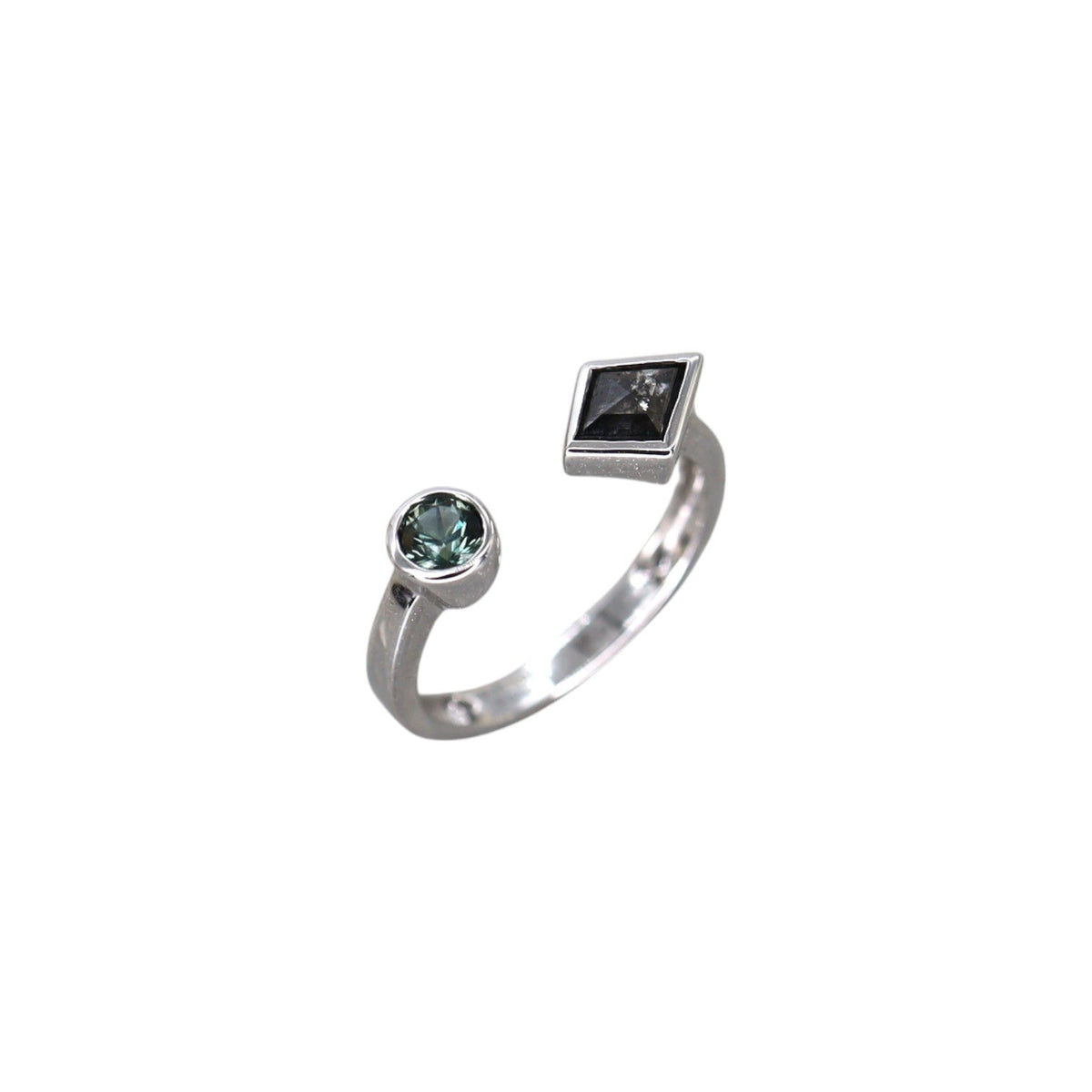 Toi et Moi Salt & Pepper Diamond & Teal Tourmaline Ring in 14k White Gold - Petra Star