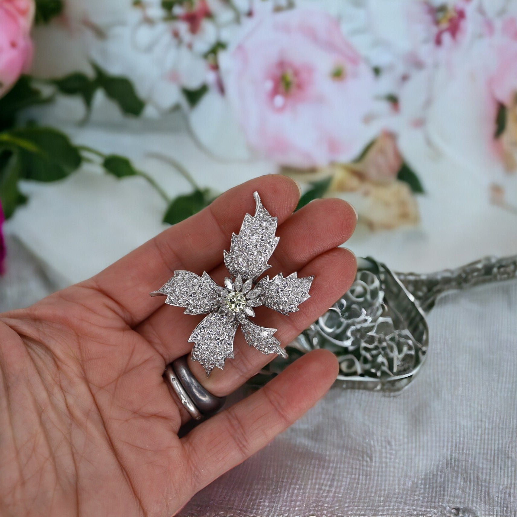 Transformed Mid-Century Platinum & Diamond Leaf Jewelry (Earrings and Ring from Original 1950s Brooch) - Petra Star