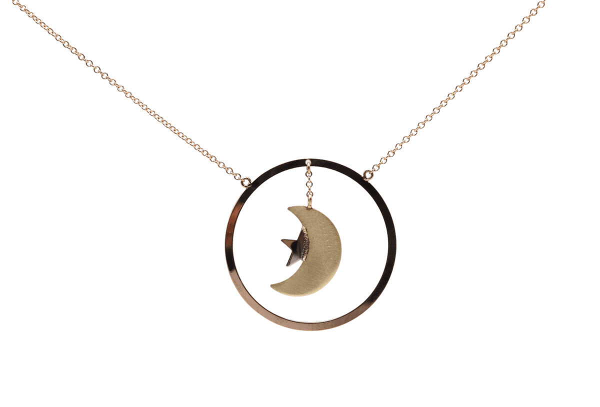 Tri-Color Gold Crescent Moon & Star Necklace | 14k Rose Yellow White Gold | Celestial Fine Jewelry | Petra Star - Petra Star