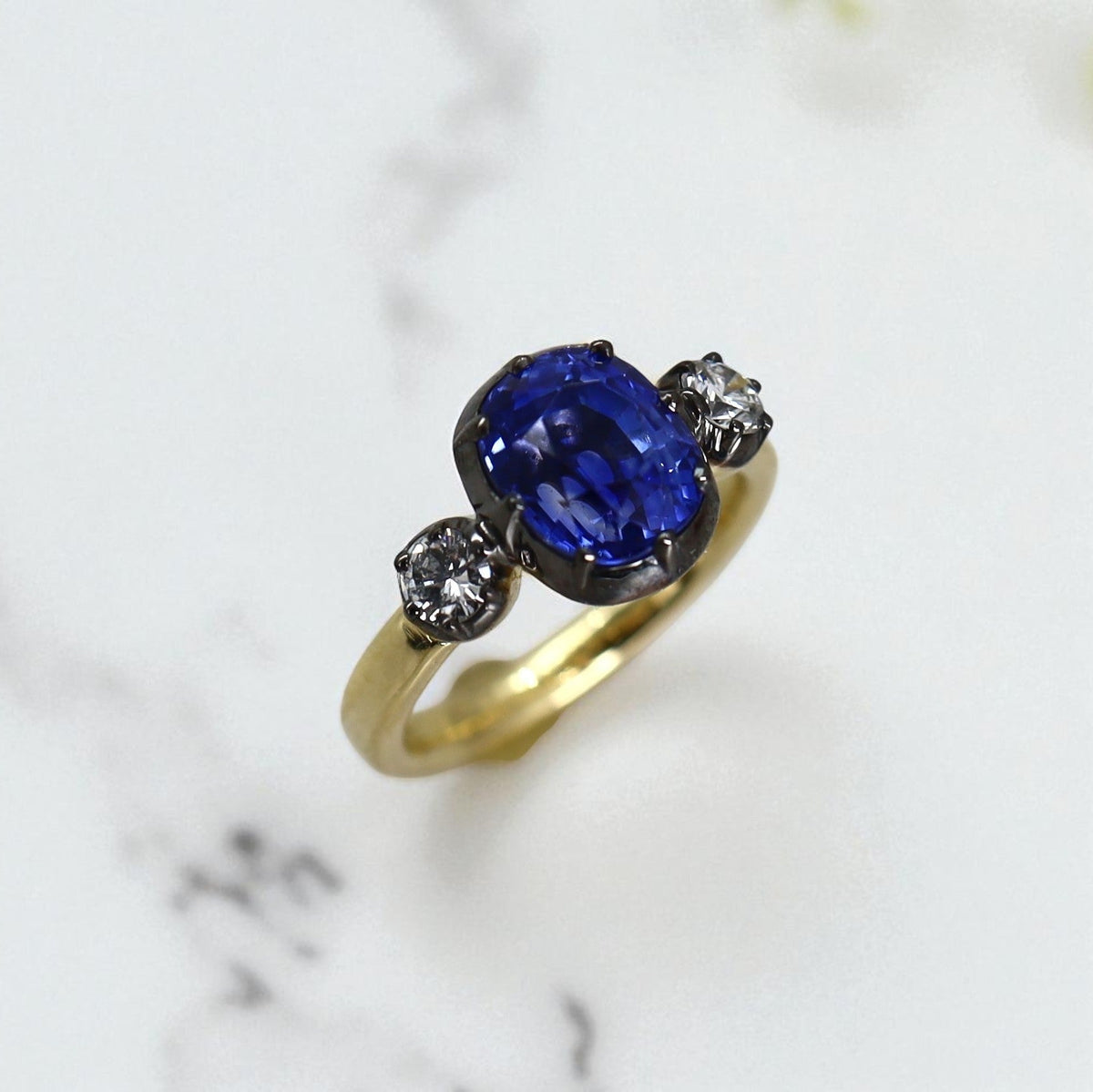 Unheated 3.70ct Ceylon Sapphire Georgian Inspired Three-Stone Ring | Petra Star - Petra Star