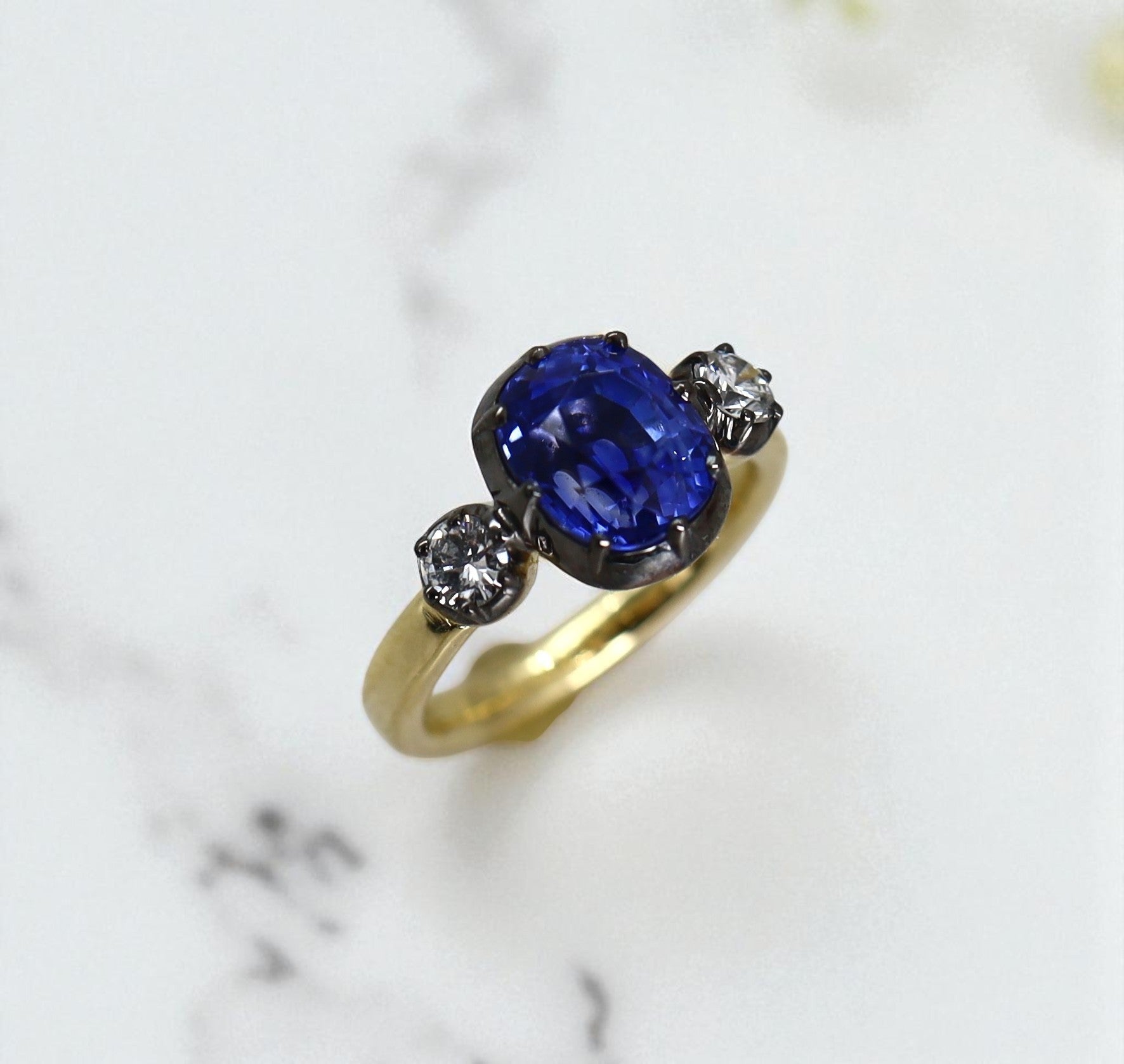 Unheated 3.70ct Ceylon Sapphire Georgian Inspired Three-Stone Ring | Petra Star - Petra Star